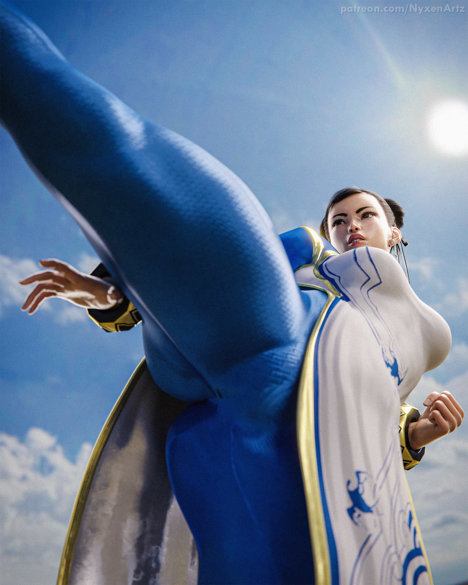 1girls, 3d, chun-li, chun-li (street fighter 6), female, female only, full color, fully clothed, kicking, leggings, legs apart, legs up, legwear, mature female, milf, muscles, no penetration, nyxenartz, self upload, solo, solo female, spread legs, street fighter, street fighter 6, thighs, tight clothes, tight clothing
