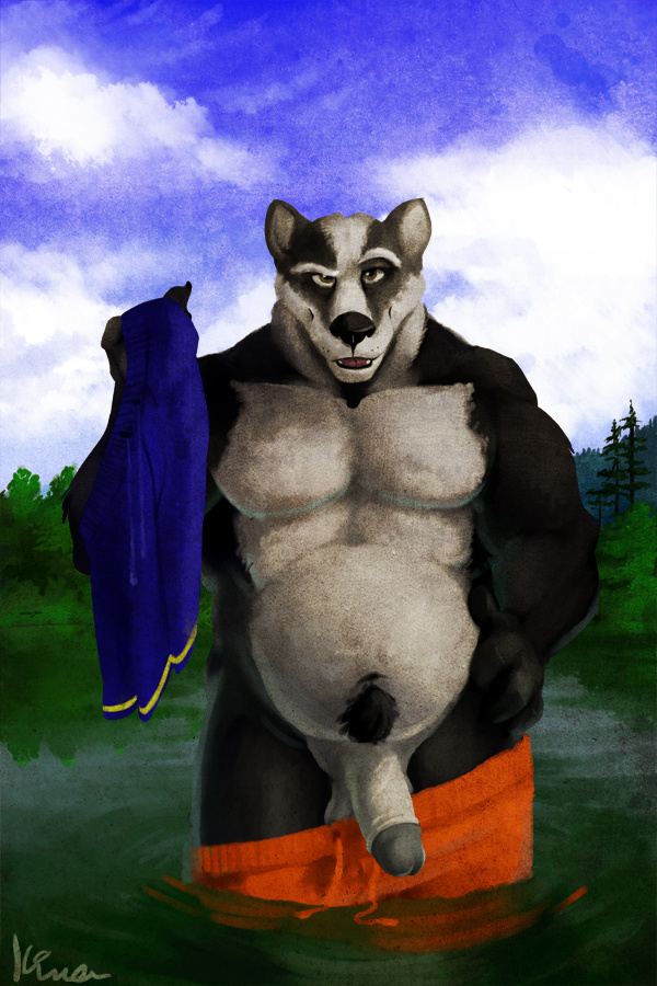 anthro badger balls biceps chubby clothing kirron lake looking_at_viewer male male_only muscles mustelid pecs penis shorts solo uncut