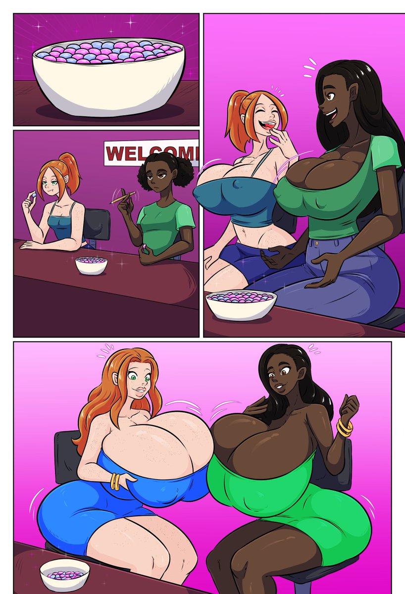 2girls bimbo bimbofication breast_expansion breasts_bigger_than_head brown_hair chocolate_and_vanilla dark-skinned_female dress female female_only ginger hyper_breasts large_breasts light-skinned_female long_hair orange_hair tourin17