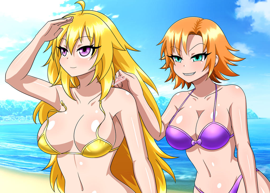 2020 2girls ahoge assisted_exposure beach belly_button bikini blonde_hair color detailed_background digital_drawing_(artwork) female female_only ginger ginger_hair imminent_exposure imminent_nudity light-skinned_female long_hair mischievous_smile navel nora_valkyrie ocean orange_hair prank purple_bikini purple_bikini_bottom purple_bikini_top purple_eyes red_hair rwby short_hair source stomach tagme teal_eyes toned_female toned_stomach yang_xiao_long yellow_bikini yellow_bikini_top yensh