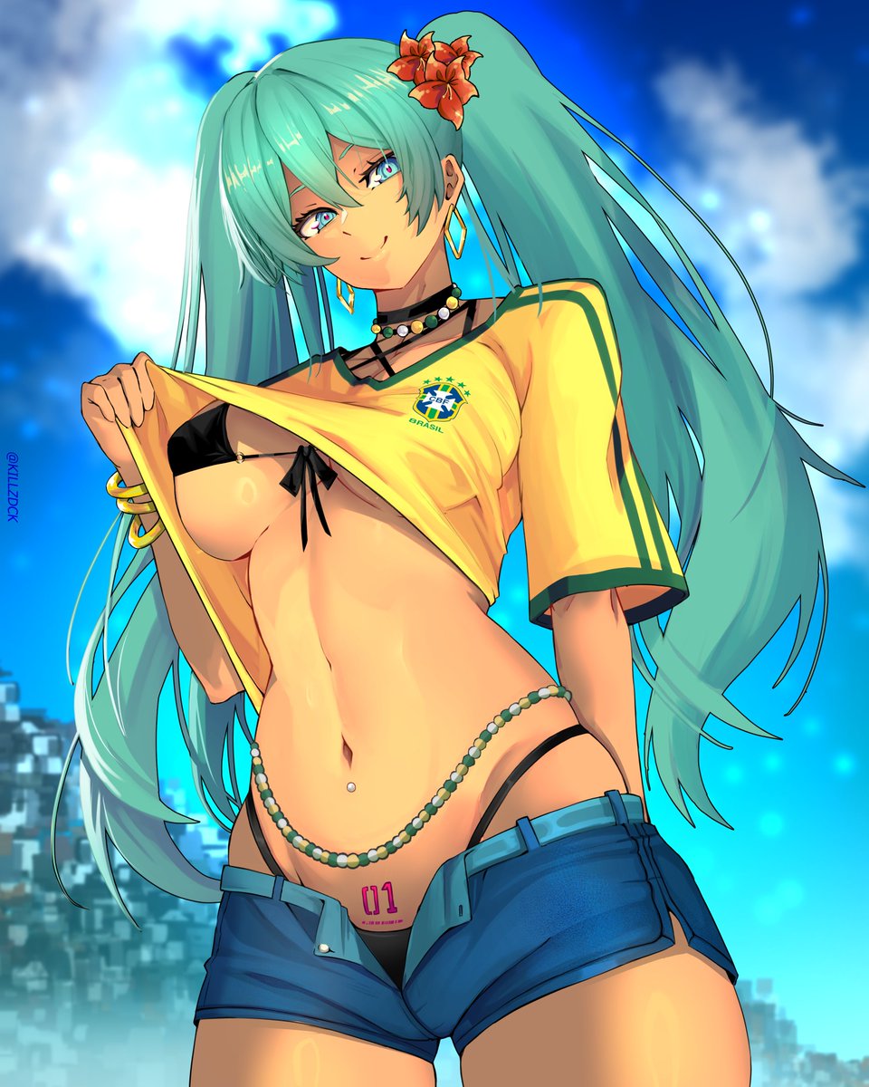 1girls bikini black_bikini blue_eyes blue_hair bra brazil brazilian brazilian_female brazilian_miku choker clothes_lift clothing denim denim_shorts ear_piercing flower_in_hair from_below hatsune_miku killzdck latin_american_hatsune_miku_(meme) latina medium_breasts navel navel_piercing necklace panties piercings pubic_tattoo seductive short_shorts shorts soccer soccer_uniform solo tan tan_body tan_skin tanlines tattoo teasing thong tied_bikini twintails unzipped_shorts vocaloid wristwear