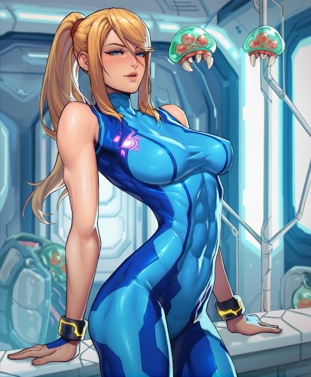 4narch157 ai_generated ass big_breasts blonde_hair bodysuit breasts busty female_only large_breasts metroid narrow_waist nipples outdoors ponytail pussy samus_aran science_fiction sleeveless_bodysuit space standing tight_clothing