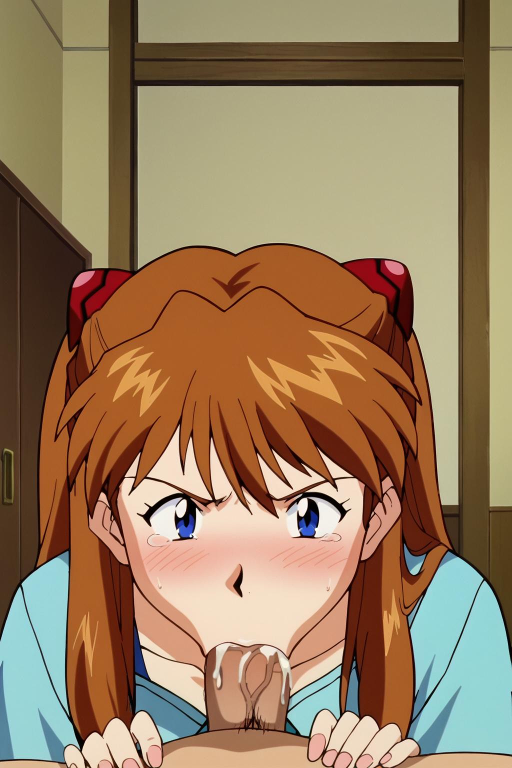 ai_generated asuka_langley asuka_langley_sohryu blowjob blowjob_face blowjob_gesture blue_eyes blush blush_lines blushing_at_viewer cum cum_in_mouth cum_inside indoors indoors_sex light-skinned_female light_brown_hair light_skin neon_genesis_evangelion ponytail