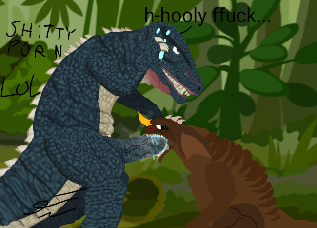 baragon blowjob blush godzilla_(series) gorosaurus kaiju low_quality shitty_art sucking_penis