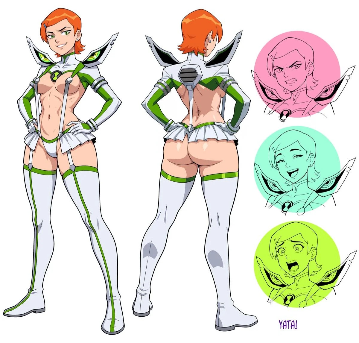1girls, ass, ben 10, benketsu, big ass, breasts, clothing, cosplay, gwen tennyson, human, impractical outfit, kamui (kill la kill), kill la kill, looking at viewer, navel, orange hair, orange-haired female, pale skin, senketsu, senketsu (cosplay), solo, solo female, source request, thick thighs, thighhighs, thighs, yatagarasupen, year request