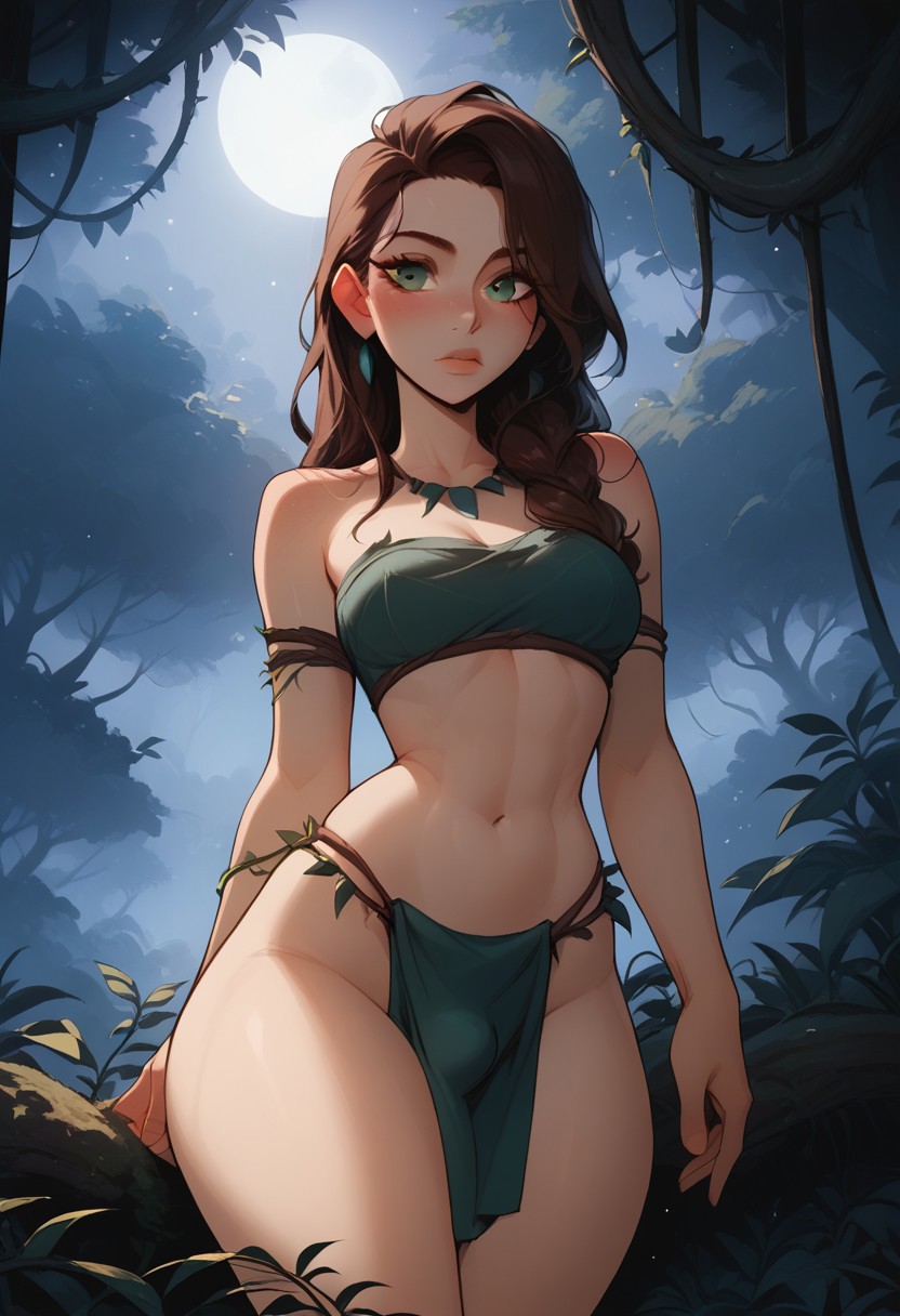 1futa, ai generated, brown hair, brunette, bulge, bulge through clothing, dick, dickgirl, female, futanari, green eyes, hips, intersex, jungle, jungle girl, larsmu, loincloth, penis, vines, wide hips