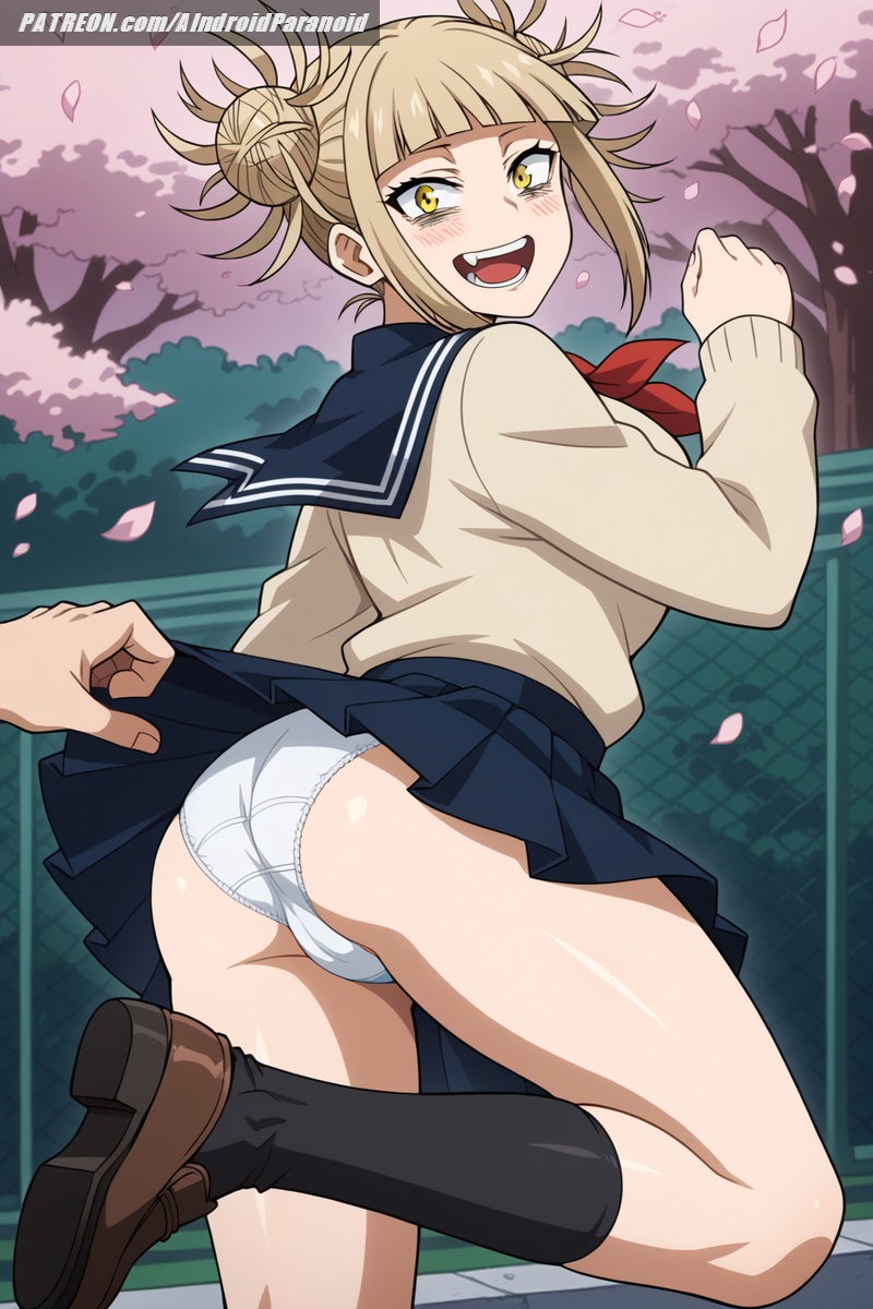 ai_generated aindroidparanoid amber_eyes ass ass_focus bench big_breasts blonde_hair blue_skirt blue_sky boku_no_hero_academia breasts buns busty cameltoe cherry_blossoms cloud crazy crazy_eyes crazy_smile female female_only himiko_toga huge_ass huge_breasts lifting_skirt long_sleeves miniskirt my_hero_academia narrow_waist outdoors panties park school_uniform schoolgirl schoolgirl_uniform shoes skirt slim_waist standing sweater toga_himiko white_panties yandere