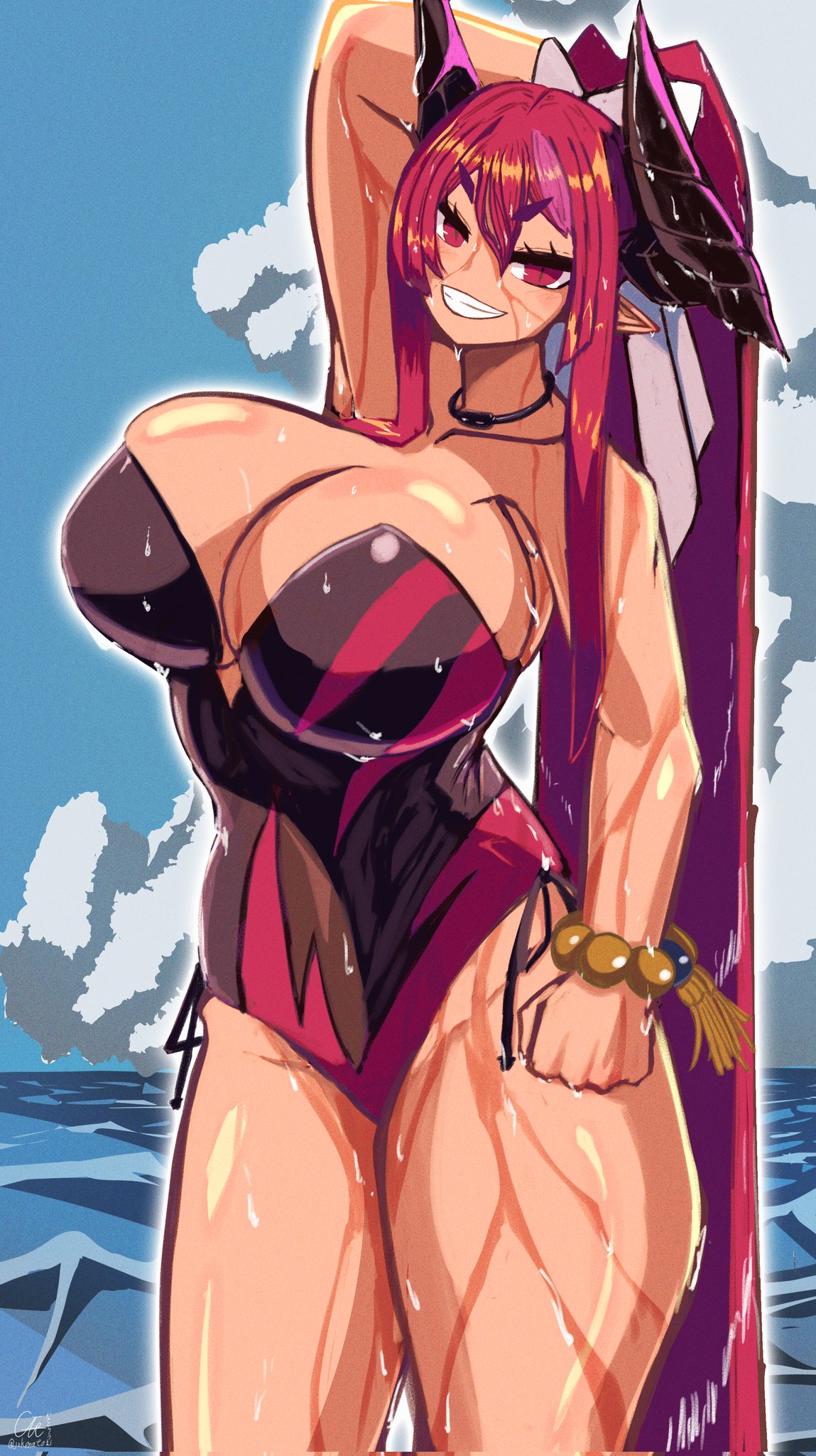 breasts cleavage disgaea disgaea_7 disgaea_rpg higan_zesshosai jokenato large_breasts nippon_ichi_software one-piece_swimsuit sea seaside swimsuit wet