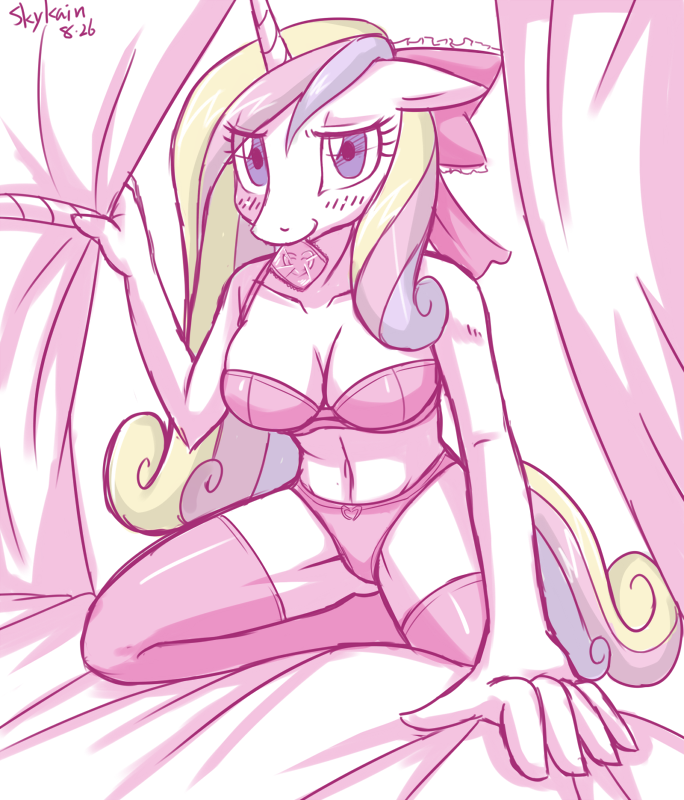 2012 anthro anthrofied bed big_breasts blush bra breasts cleavage clothed clothing condom condom_in_mouth equid equine female friendship_is_magic furniture hair hasbro heart_symbol horn legwear lingerie long_hair looking_at_viewer mammal mouth_hold multicolored_hair my_little_pony mythological_creature mythological_equine mythology navel object_in_mouth panties princess_cadance_(mlp) sexual_barrier_device skykain solo stockings tail underwear unicorn unused_condom wrapped_condom