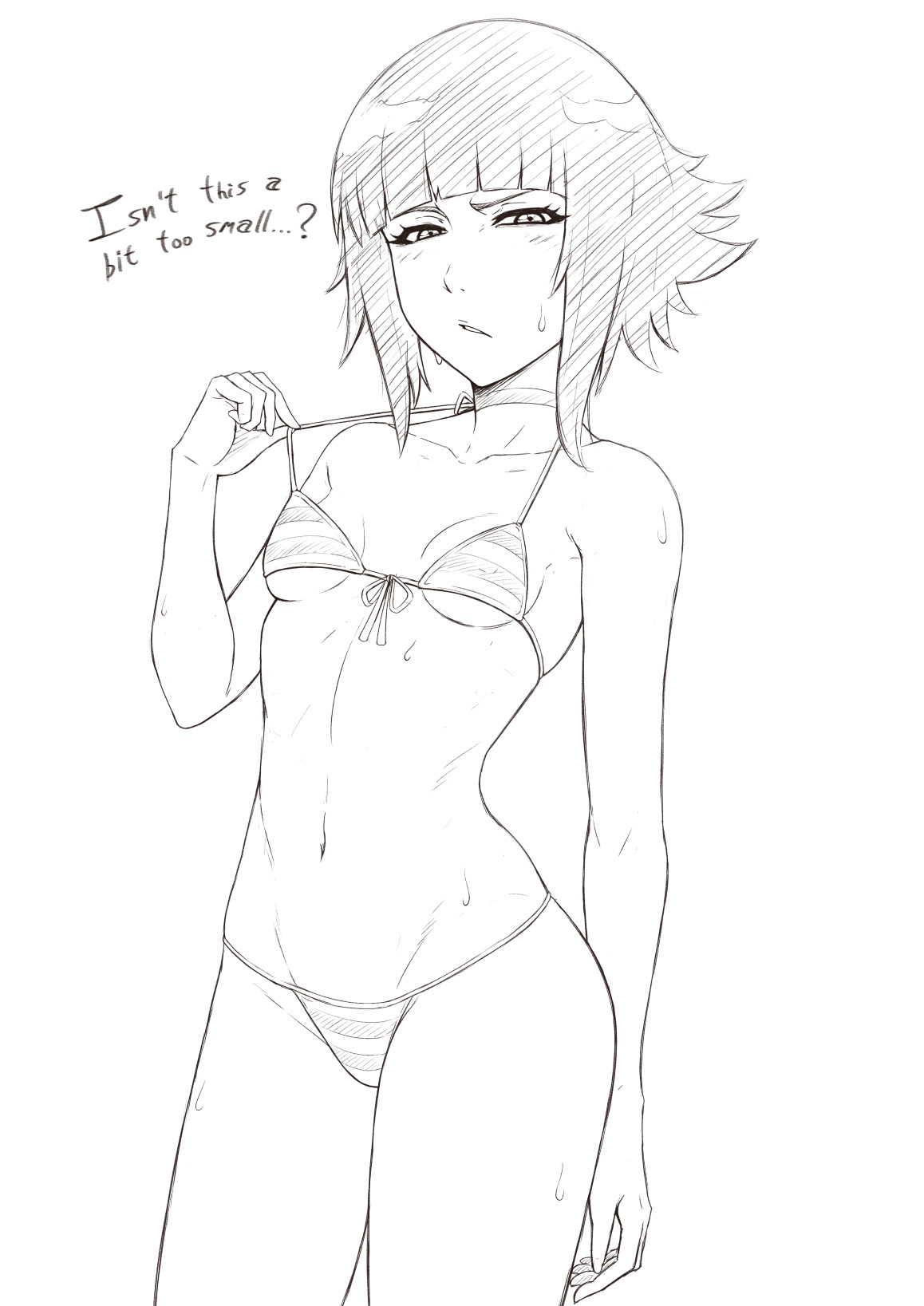 bleach, english text, female, looking at viewer, micro bikini, mistowing, petite, sketch, soifon, sui-feng