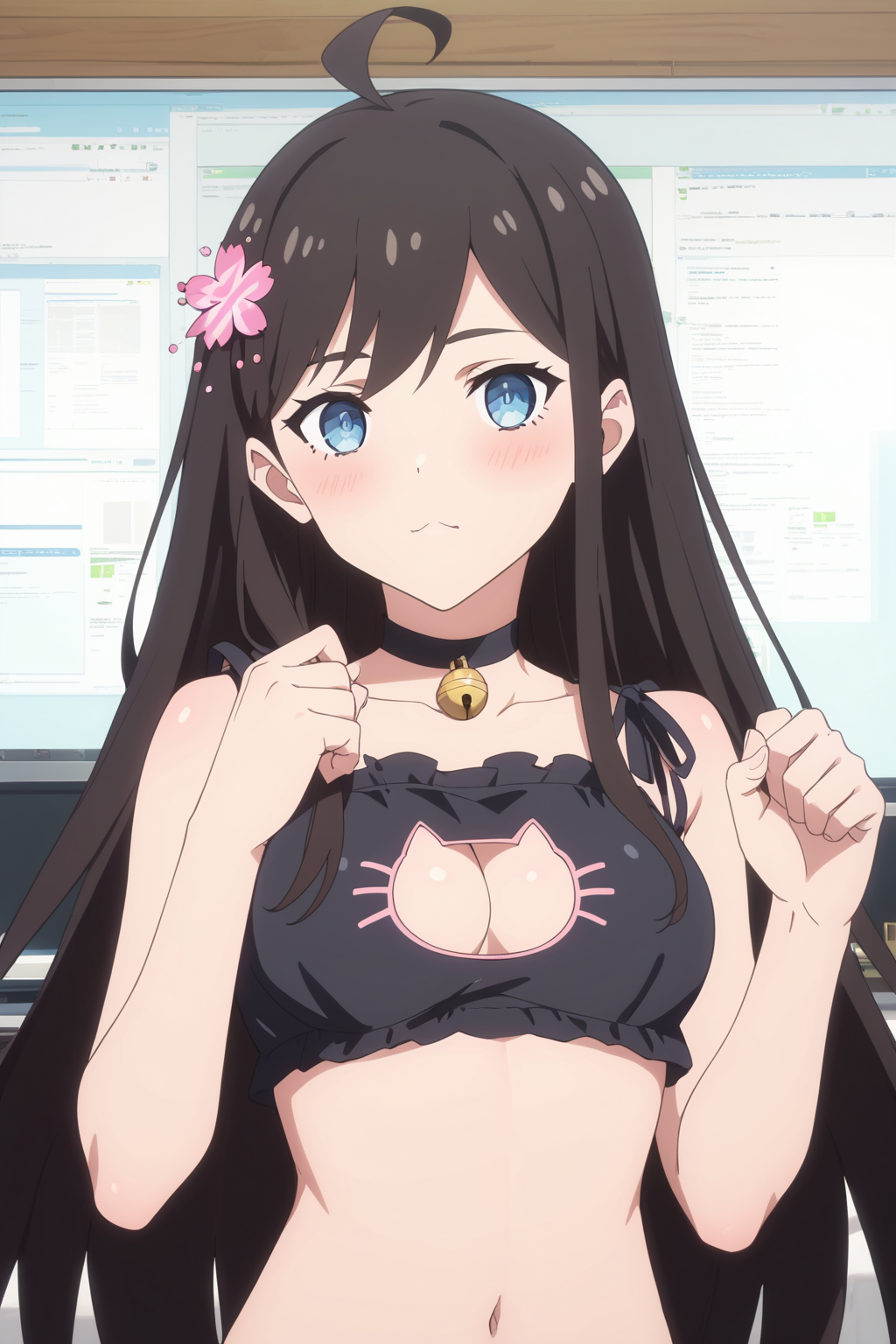 ai_generated blue_eyes bra brown_hair cute feline flower_in_hair hair_ornament half_body lingerie ornament paw_pose sun_rong the_daily_life_of_the_immortal_king