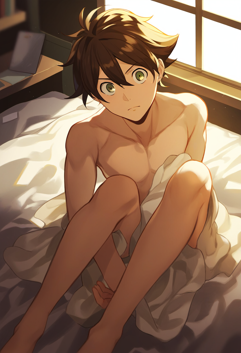 1boy ai_generated brown_hair eureka_seven male male_only renton_thurston towel