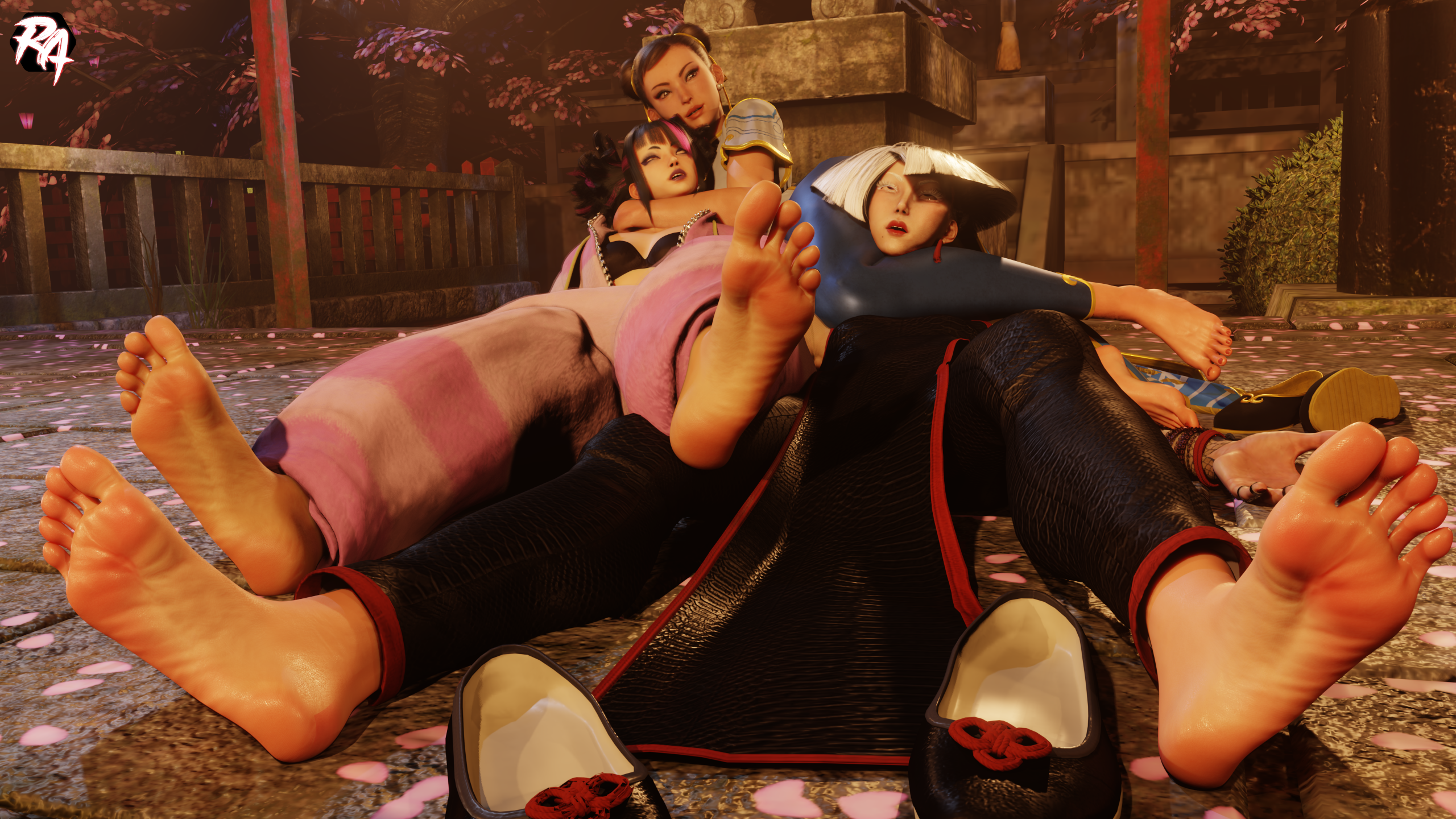 3d, a.k.i., asian female, barefoot, chinese female, choking, chun-li, feet, female, foot fetish, foot focus, full color, fully clothed, juri han, korean female, no penetration, ryona-ashi, soles, street fighter, street fighter 6