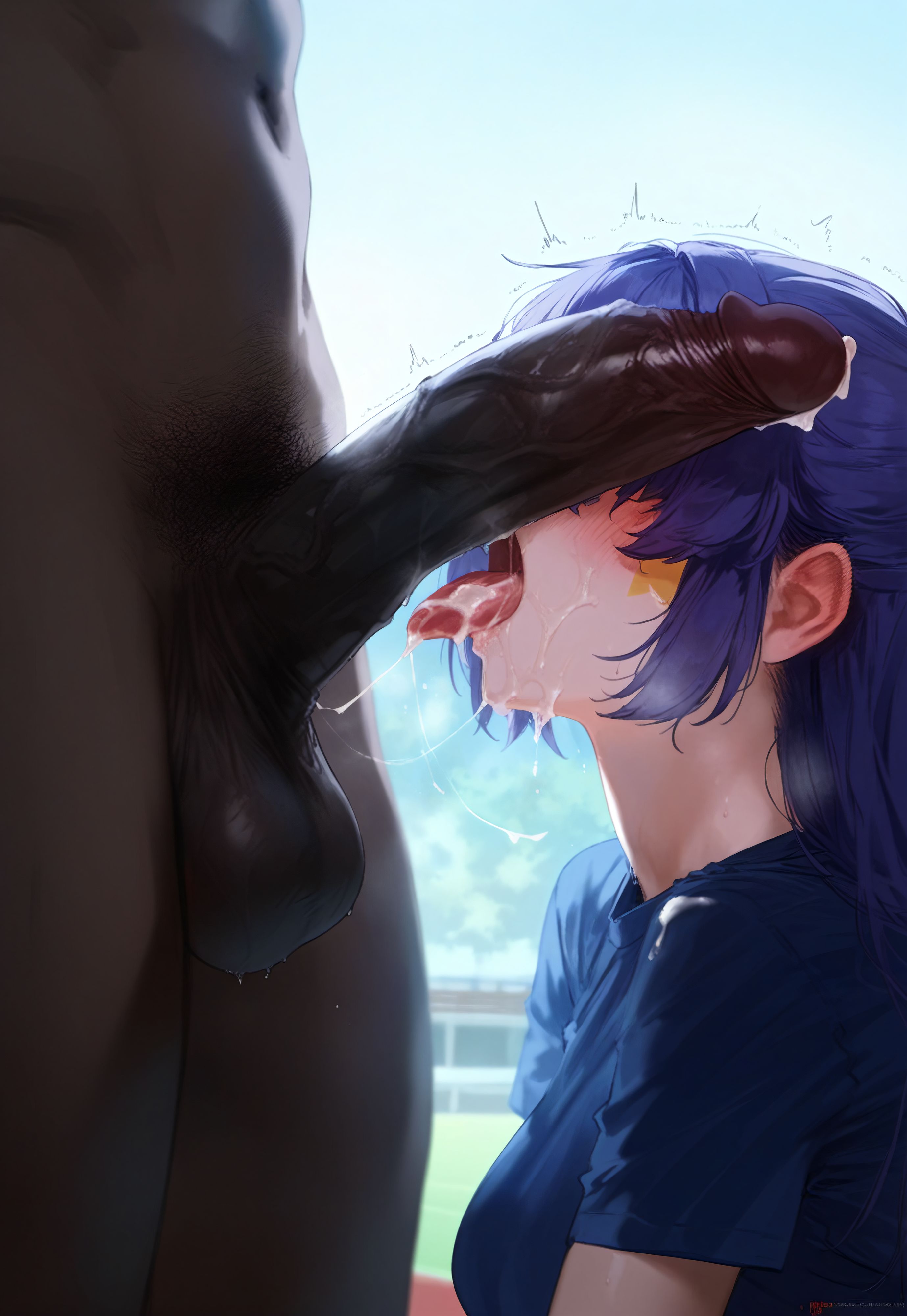 ai generated, ass, big ass, big breasts, blowjob, blue archive, blue eyes, blue hair, breasts, dark skin, dark-skinned male, female, male, mirham, yuuka (blue archive)