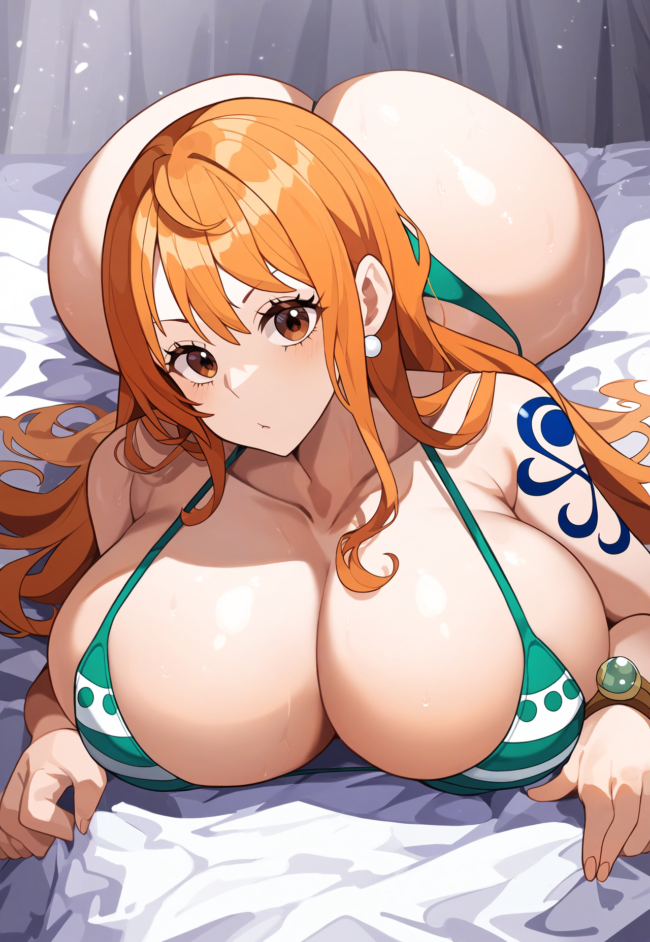 ai generated, arched back, ass, ass up, bed, bikini, breasts, clothing, female, female only, huge ass, huge breasts, large ass, large breasts, lubbasdump, lying down, lying on bed, nami (one piece), one piece, orange hair, wide hips