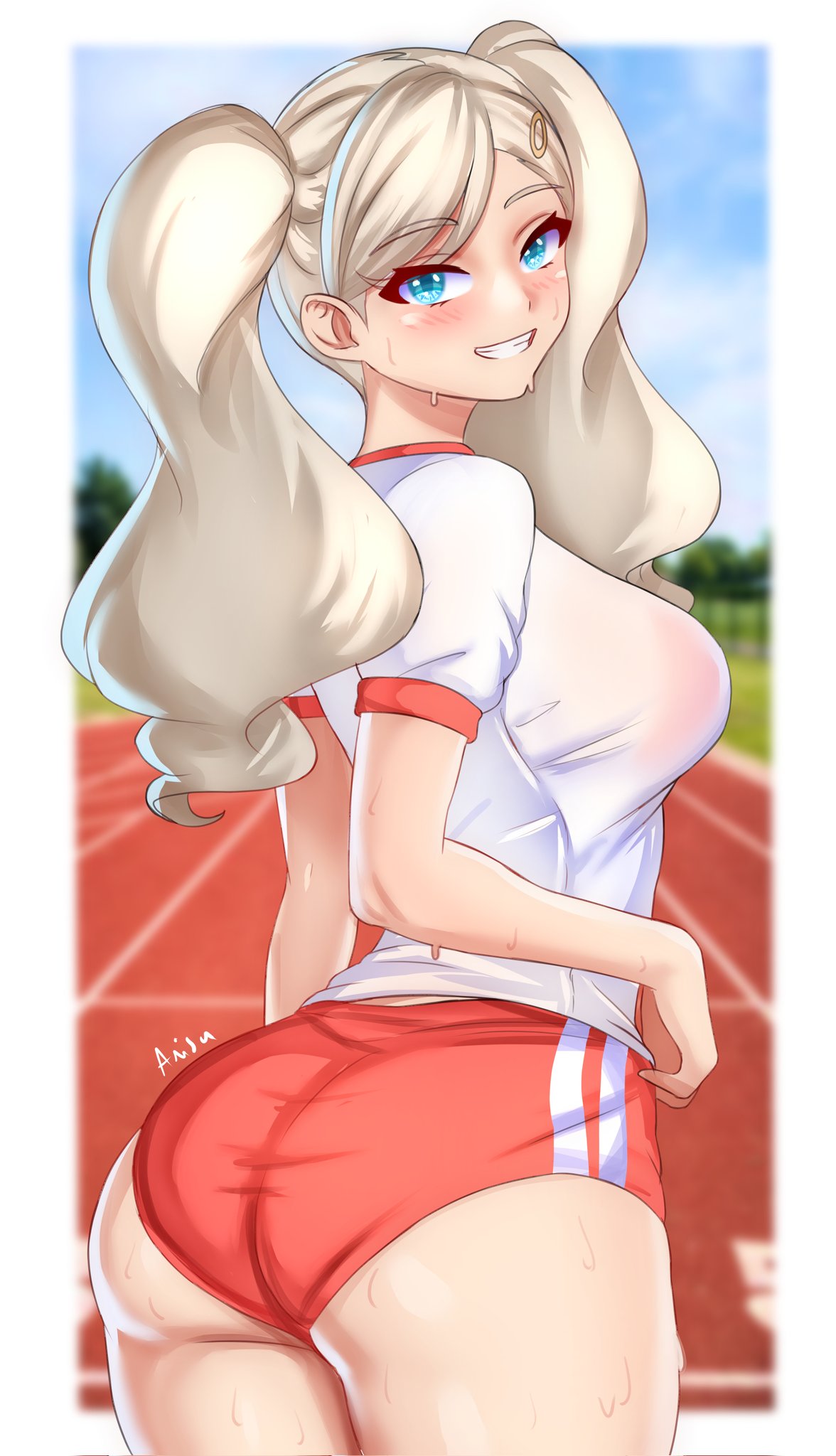 1girls anisdrawn ann_takamaki atlus blonde_hair bloomers blue_eyes buruma female light-skinned_female light_skin long_hair persona persona_5 sportswear sweat twintails