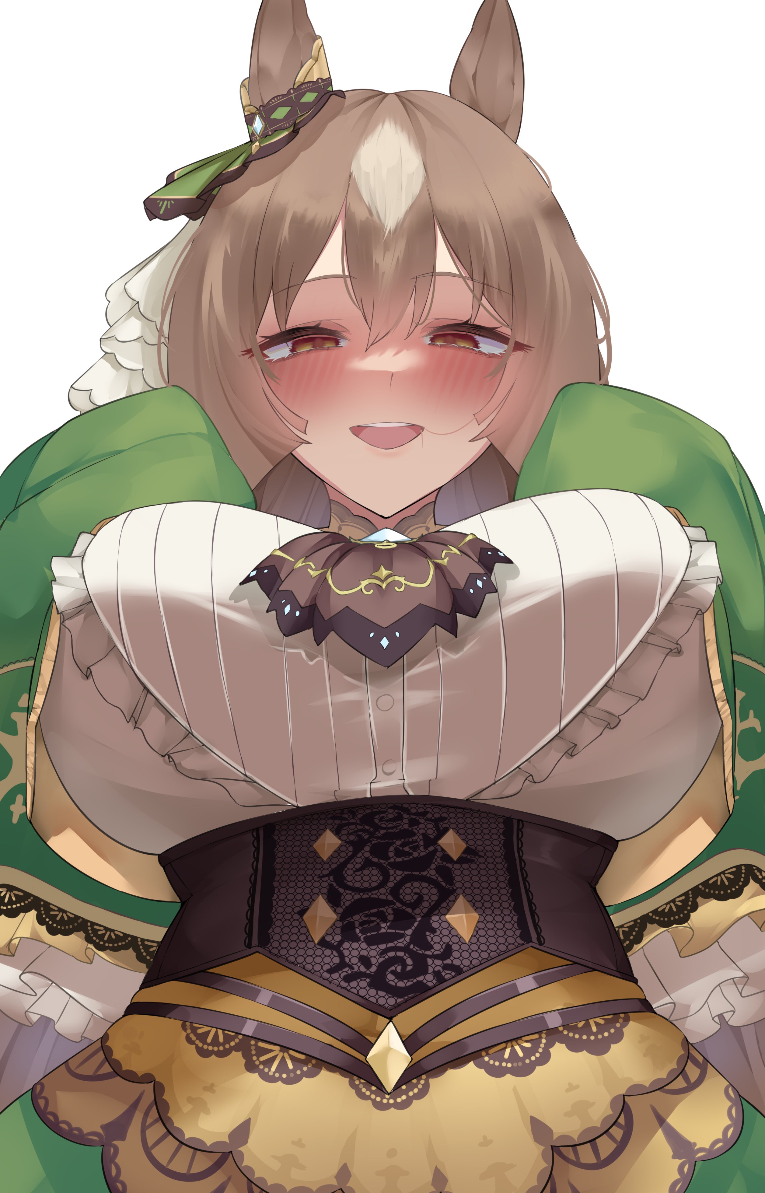 1girls, absurdres, animal ears, ascot, blue gem, blunt ends, blush, breasts, brown ascot, brown corset, brown eyes, brown hair, chest jewel, commentary, corset, diamond (shape), dress, ear ornament, english commentary, female, female only, frilled shirt, frilled sleeves, frills, from below, gem, green dress, hair in own mouth, highres, horse ears, horse girl, large breasts, long hair, long sleeves, looking at viewer, multicolored hair, open mouth, satono diamond (natural brilliance) (umamusume), satono diamond (umamusume), shirt, simple background, sleeves past fingers, sleeves past wrists, smile, solo, streaked hair, two-tone hair, umamusume, upper body, very long hair, white background, white shirt, xkittyzx