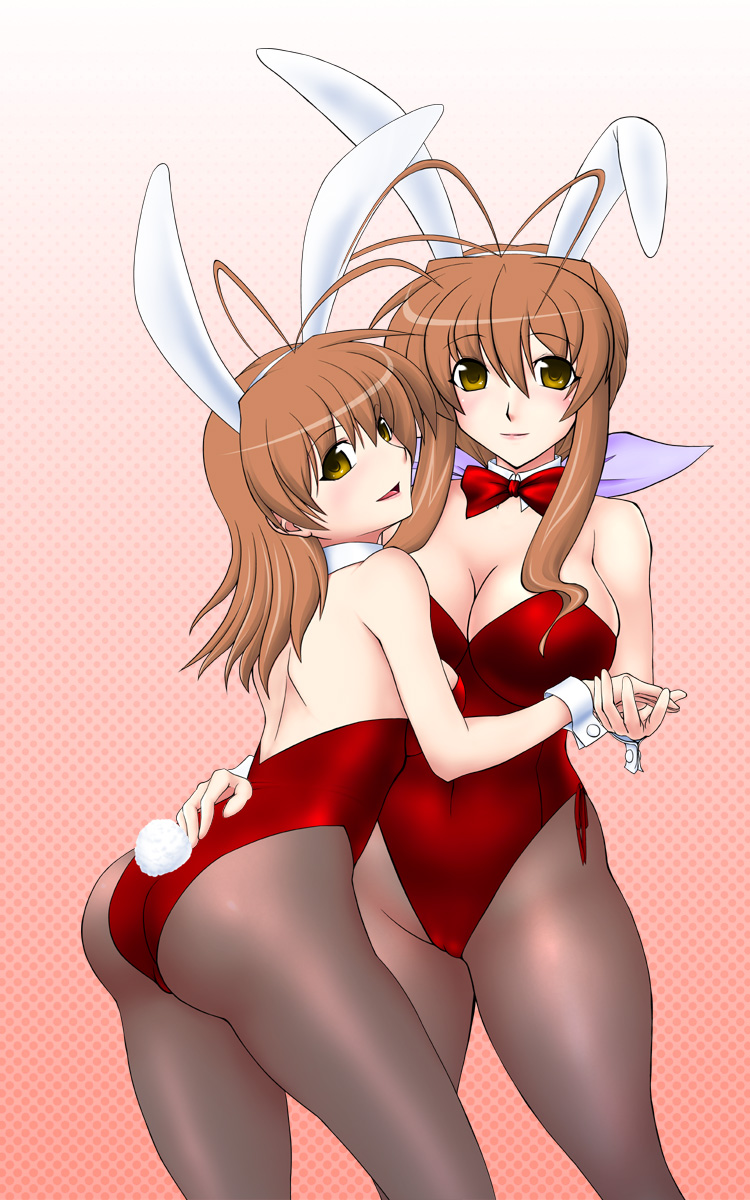 2girls bowtie breasts bunny_costume bunny_ears bunny_tail bunnygirl bunnysuit clannad cleavage clothing daughter detached_collar female female_only furukawa_nagisa furukawa_sanae incest large_breasts licking_lips mother mother_and_child mother_and_daughter multiple_girls nagisa_furukawa pantyhose parent parent_and_child parent_and_daughter sanae_furukawa wrist_cuffs yuri