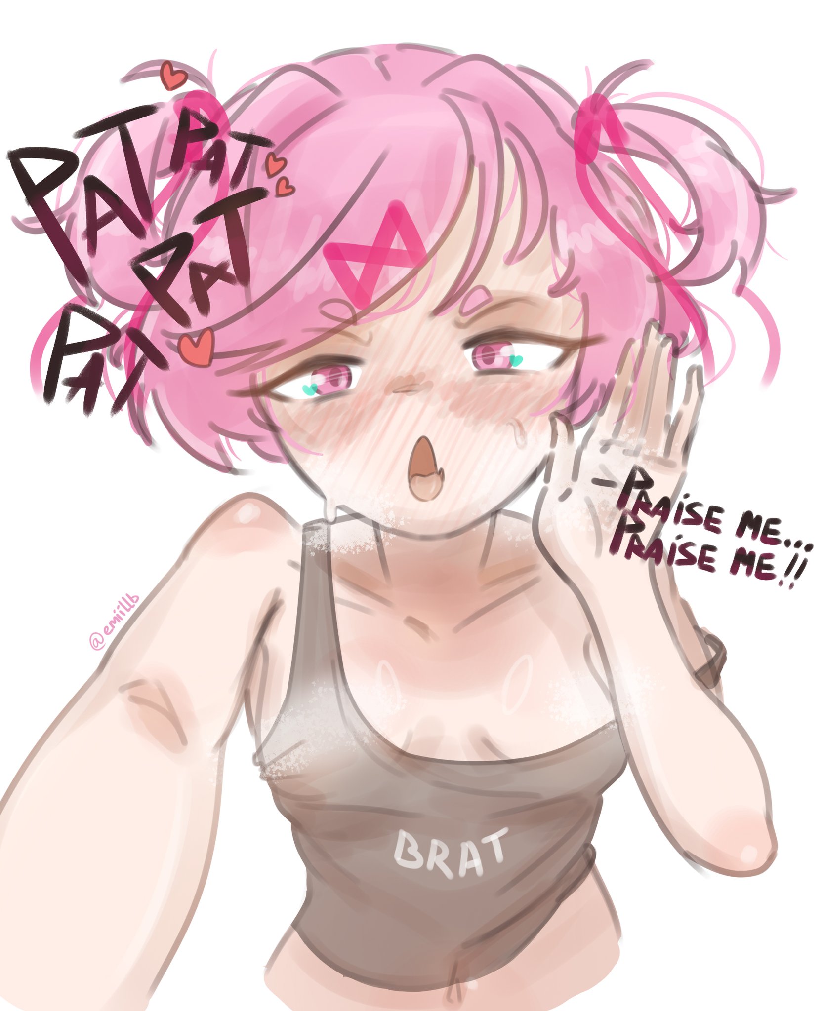 breasts, doki doki literature club, emiillb, english text, female, female only, natsuki (doki doki literature club), pink hair, small breasts, solo, text