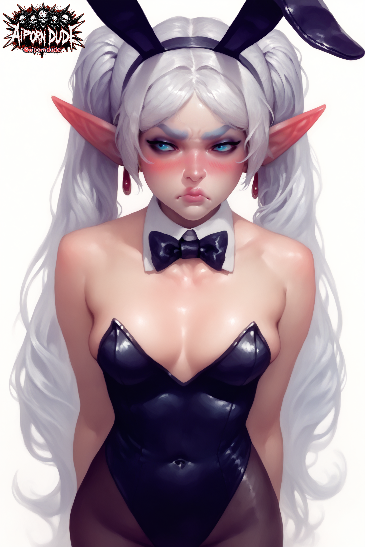 1girls, ai generated, aiporndude, angry, bangs, blue eyes, blush, blush lines, breasts, bunny ears, bunnysuit, earrings, elf, elf ears, elf female, female, female only, frieren, from above, grumpy, hands behind back, latex, latex suit, lipstick, long hair, looking away, makeup, navel, pantyhose, petite, pointy ears, puffed cheeks, puffy lips, shiny, shiny clothes, shiny hair, shiny skin, sideboob, skin tight, skindentation, solo, sousou no frieren, twintails, white hair