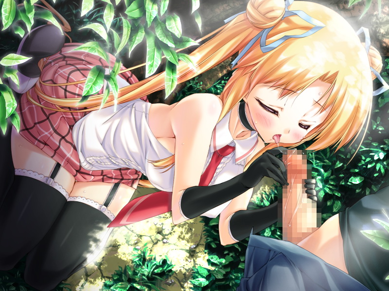 black_legwear black_thighhighs blonde_hair blush breasts censored choker closed_eyes clothing double_bun dutch_angle elbow_gloves fellatio female game_cg garter_straps garters gloves hair_ribbon handjob long_hair male momoiro_guardian nature necktie oral outdoors penis rena_fraulain ribbon saliva saliva_trail sideboob sitting skirt straight sweat thighhighs tied_hair tongue twintails two-handed_handjob urotan very_long_hair zettai_ryouiki