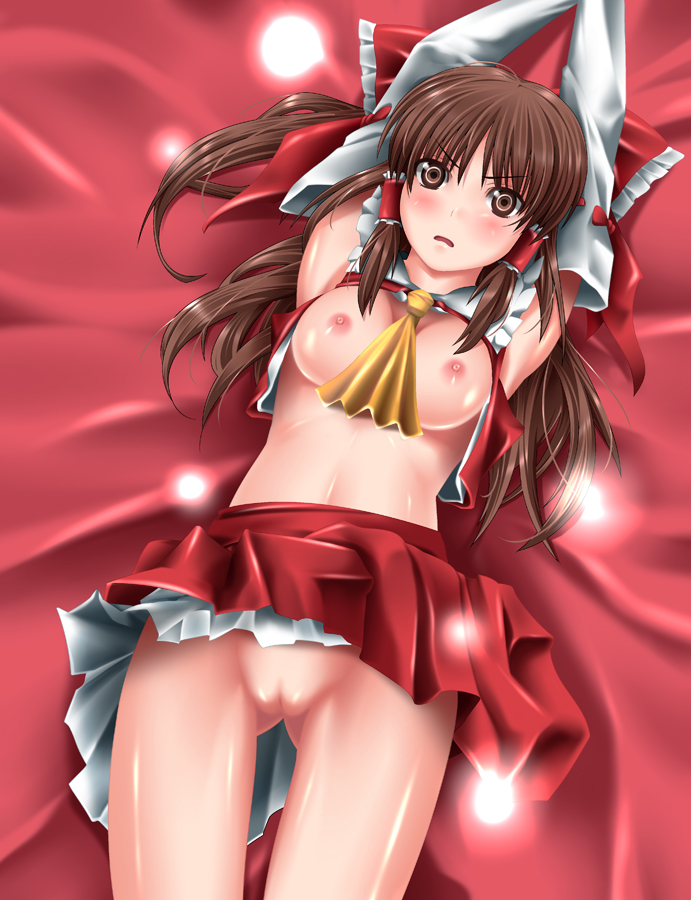 arms_up blush breasts brown_eyes brown_hair detached_sleeves female female_only human japanese_clothes lying miko nipples no_panties on_back open_mouth pussy reimu_hakurei skirt skirt_lift solo touhou uncensored uron-rei