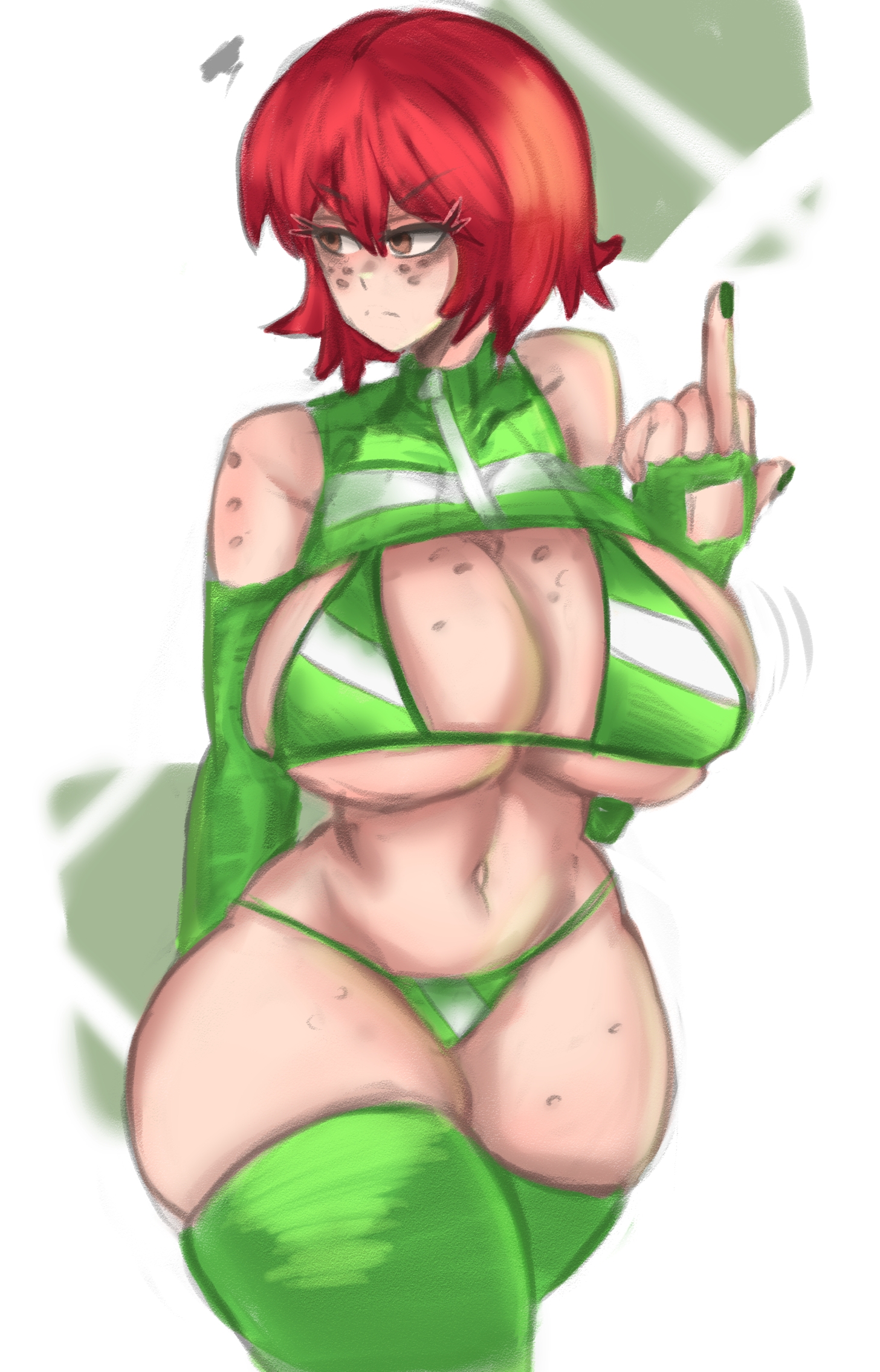 1girls, bare shoulders, breasts, brown eyes, caitdrawsstuff2, elbow gloves, female, freckles, freckles on breasts, freckles on face, freckles on shoulders, freckles on thighs, gloves, green legwear, green nails, green underwear, huge breasts, kim pine, legwear, middle finger, nail polish, partially clothed, red hair, scott pilgrim, short hair, solo, solo female, stockings, thighhighs, underwear