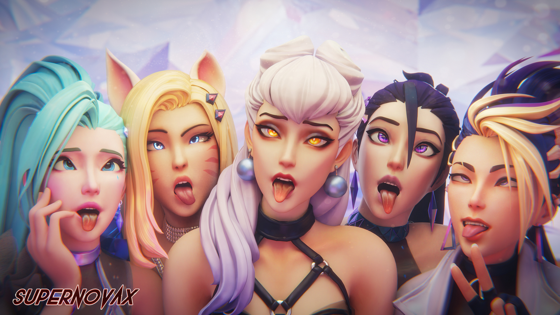 3d, 3d (artwork), 5girls, ahe gao, ahri, akali, blender, blonde hair, blue eyes, dark hair, earrings, evelynn, female, harness, jewelry, k/da ahri, k/da akali, k/da all out ahri, k/da all out akali, k/da all out evelynn, k/da all out kai'sa, k/da all out seraphine, k/da all out series, k/da evelynn, k/da kai'sa, k/da series, kai'sa, league of legends, light skin, light-skinned female, long hair, makeup, offscreen character, peace sign, purple eyes, seraphine (league of legends), supernovax
