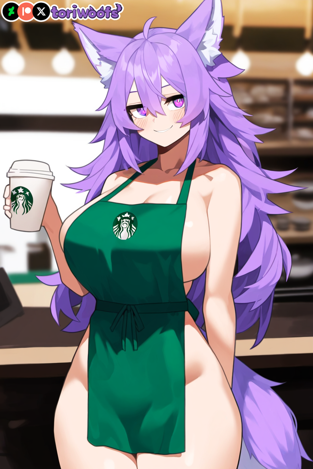 1girls ai_generated apron big_breasts breasts coffee curvy cute dog_ears dog_girl female female_only highres hips huge_boobs huge_breasts kemonomimi light_skin light_skinned_female long_hair milk naked_apron patreon_username petgirl purple_ears purple_eyes purple_hair purple_tail standing starbucks thick_thighs thighs tori toriwoofs watermark wavy_hair wide_hips wolf_ears