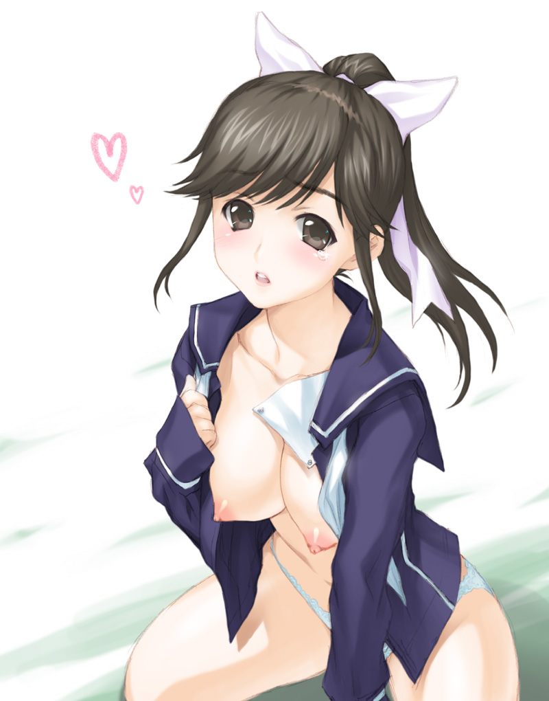 blush breasts female female_only human joy_ride love_plus nipples no_bra open_clothes open_shirt panties ponytail puffy_nipples shirt solo takane_manaka tied_hair underwear