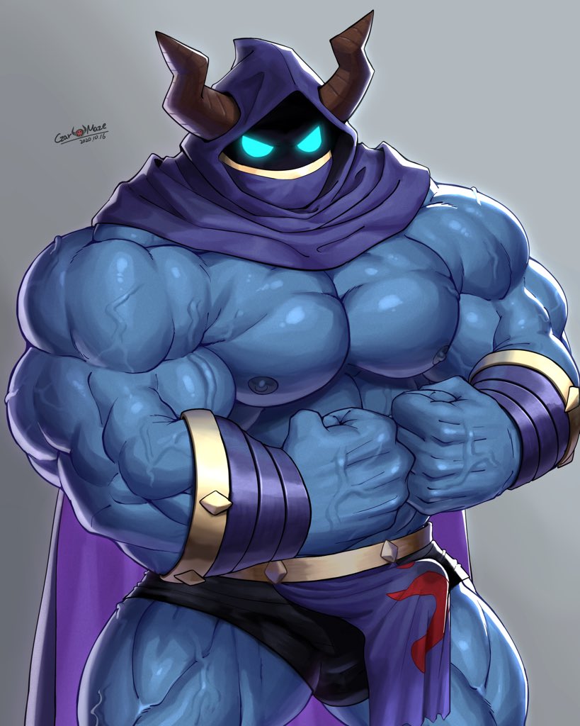 1boy 2_horns bara blue_body blue_eyes czarmaze demon demon_boy muscular_male