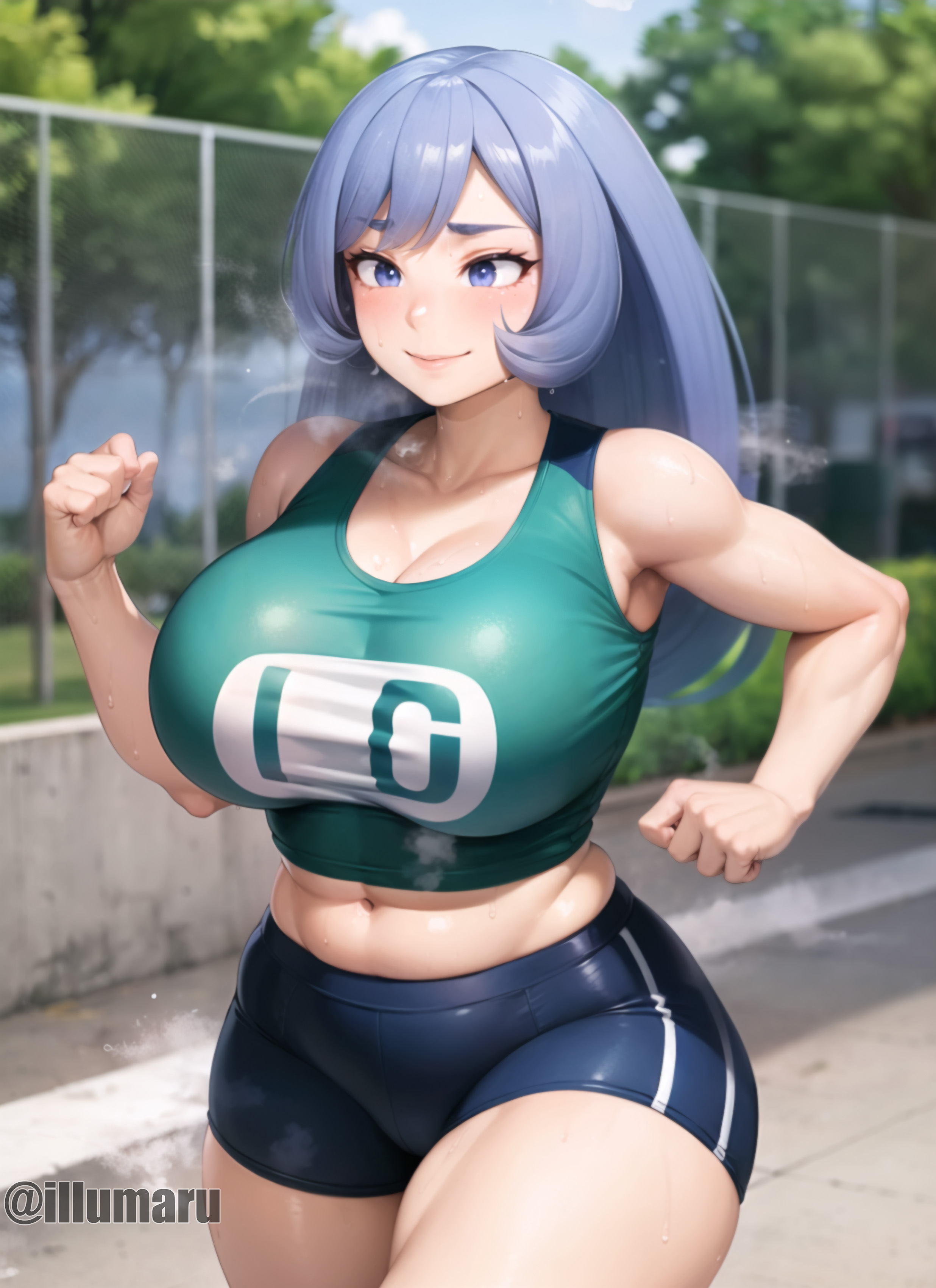 1girls, ai generated, big breasts, blue eyes, blue hair, blush, breasts, curvaceous, curvy, curvy figure, female, female only, fit, fit female, gym uniform, huge breasts, light skin, light-skinned female, long hair, my hero academia, navel, nejire hado, outdoors, outside, running, short shorts, smile, solo, solo female, solo focus, sports bra, sportswear, sweat, sweaty body, thick thighs, thighhighs, thighs, thong, voluptuous