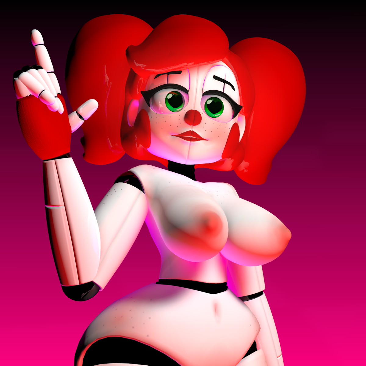 1:1, 1:1 aspect ratio, 1girls, 3d, 3d model, 5 fingers, animatronic, ass, baby (fnafsl), belly button, black pupils, breasts, circus baby, circus baby (fnaf), clown, clown girl, clown makeup, clown nose, completely nude, eyebrows, eyelashes, female, female focus, female only, fingerless gloves, five nights at freddy's, five nights at freddy's: sister location, fnaf, freckles, gesture, gloves, green eyes, hand gesture, huge breasts, lipstick, nude, nude female, pink background, red hair, red lipstick, red nose, robot, robot girl, scottgames, sister location, so87baby, solo, solo female, solo focus, summer of 87 baby, thick ass, very small waist, white sclera