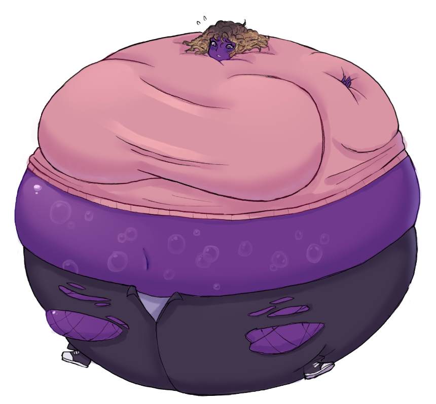 1girls belly_expansion big_belly big_breasts black_pants blonde_hair breast_expansion brown_hair curly_hair dyed_hair expansion frizzy_hair grape_inflation immobile inflation long_hair navel pink_sweater purple_skin ripped_clothing ripped_pants round_body sile2011 spherical_inflation sunken_head sunken_limbs tagme the_factory_saga white_panties