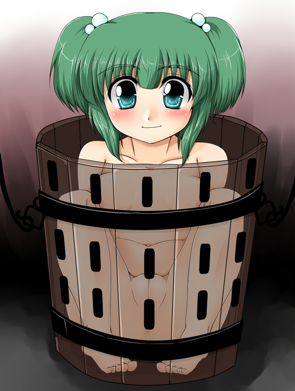 akatuki aqua_eyes blush bucket girl_in_bucket green_hair in_barrel in_bucket in_container kisume nude pussy short_hair team_shanghai_alice tied_hair touhou transparent twintails