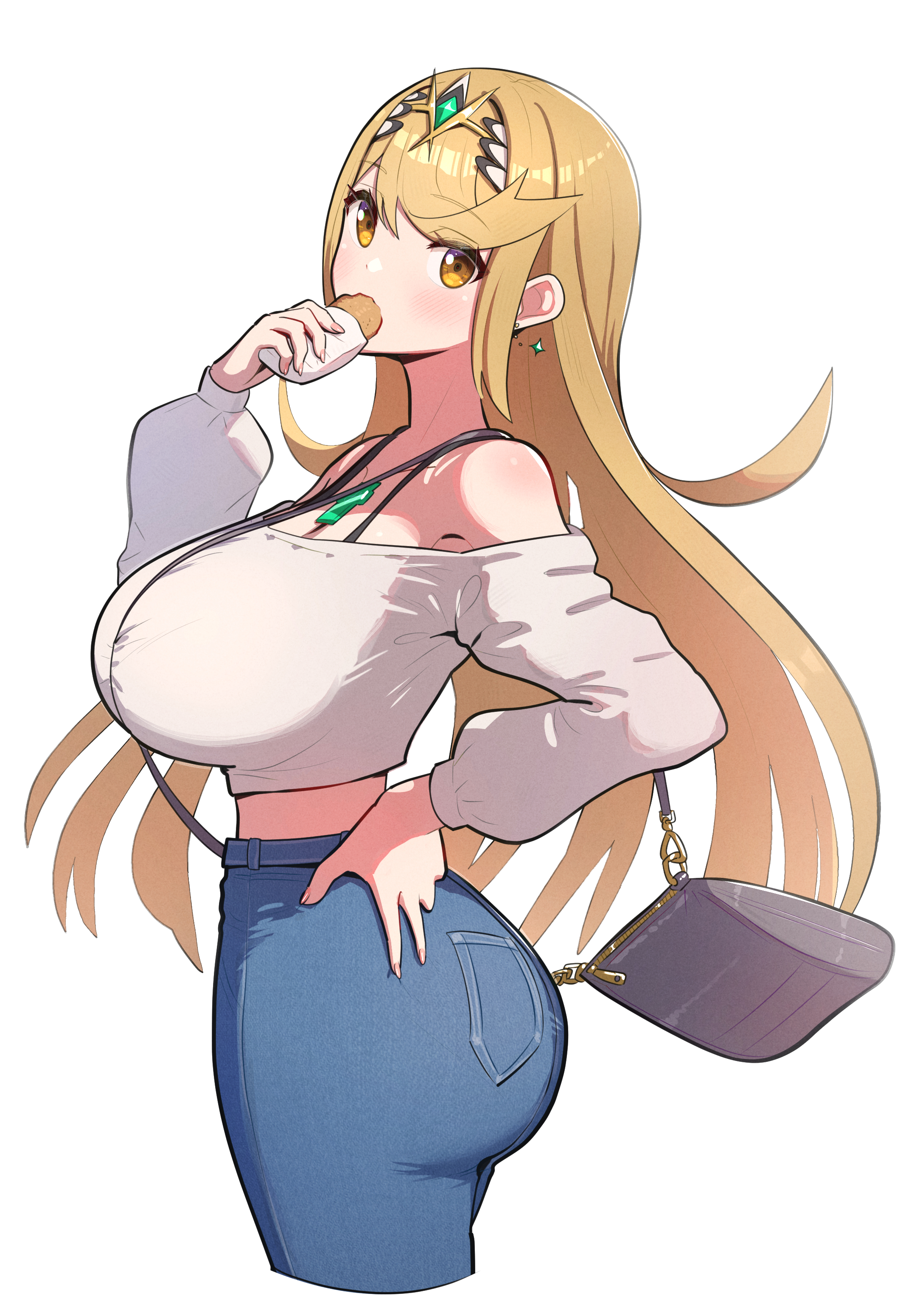 1girls, ass, big breasts, blonde hair, breasts, bubble ass, bubble butt, casual clothes, core crystal, female, gold eyes, gonzarez, huge breasts, jeans, large ass, large breasts, light skin, light-skinned female, long hair, mythra, nintendo, thick thighs, xenoblade (series), xenoblade chronicles 2