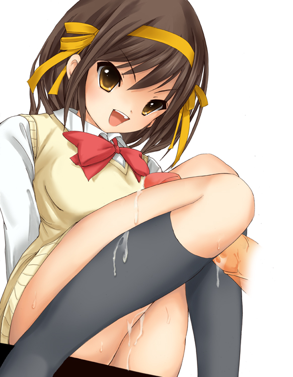 :d black_kneehighs bottomless bow brown_eyes brown_hair clothed_sex cum cum_on_body cum_on_clothes cum_on_lower_body female footwear garickson hairband kneehighs open_mouth penis smile socks suzumiya_haruhi suzumiya_haruhi_no_yuuutsu sweater_vest thigh_sex thighs