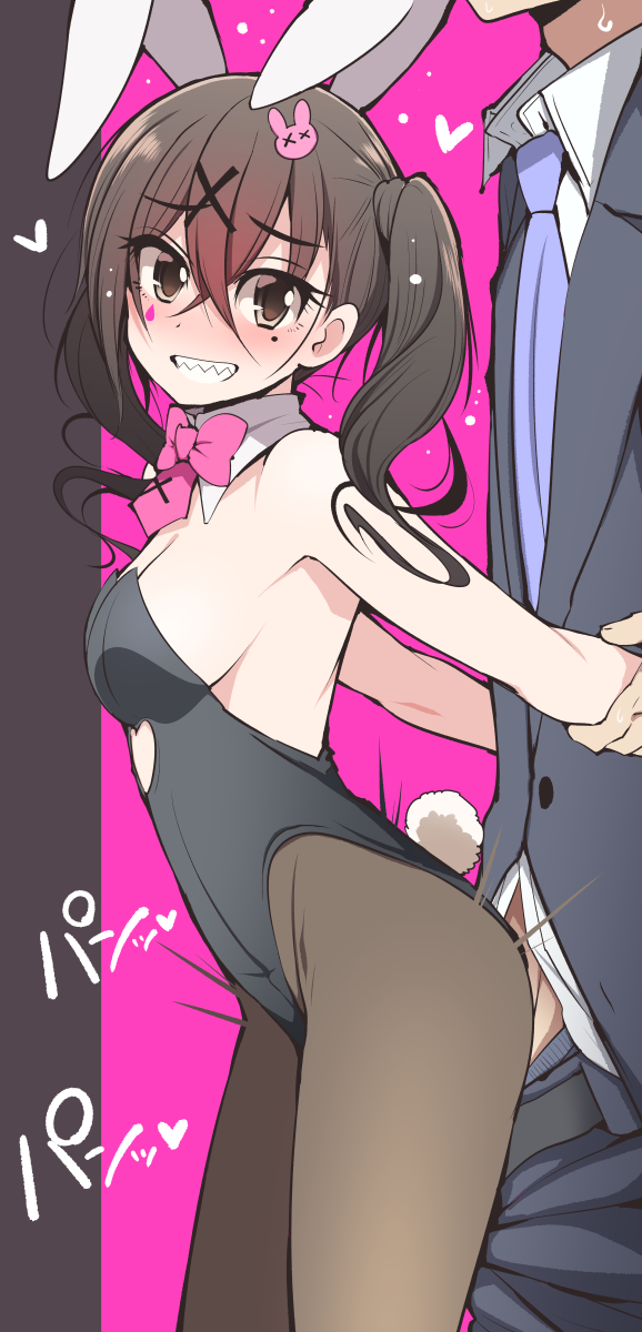 1boy against_wall animal_ear_hairband animal_ears black_hair black_leotard black_pantyhose blush breasts clothed_sex clothing_cutout covered_penetration detached_collar facepaint fake_animal_ears fake_tail female gradient_hair grin hairband heart heart_cutout highres holding_another's_arm idolmaster idolmaster_cinderella_girls leotard looking_at_viewer looking_to_the_side medium_breasts mole mole_under_eye multicolored_hair pantyhose pink_background playboy_bunny producer_(idolmaster) rabbit_ear_hairband rabbit_ears rabbit_hole_(deco*27/caststation) rabbit_hole_(vocaloid) rabbit_tail serebi_ryousangata sex smile standing standing_sex straight strapless strapless_leotard sunazuka_akira tail twintails