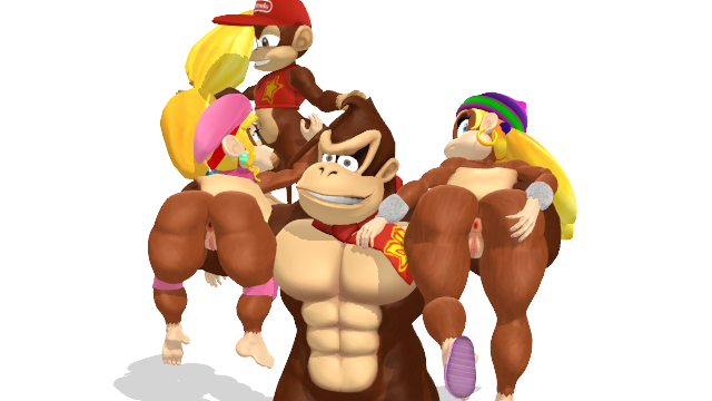 2boys 2girls 3d 3d_(artwork) abs anthro anus ape ass blonde_hair blowjob blue_eyes diddy_kong dixie_kong donkey_kong donkey_kong_(series) female_focus flexing green_eyes hinjy4 in_arms monkey monkey_girl monkey_humanoid pussy smirk straight strong tiny_kong transparent_background white_background