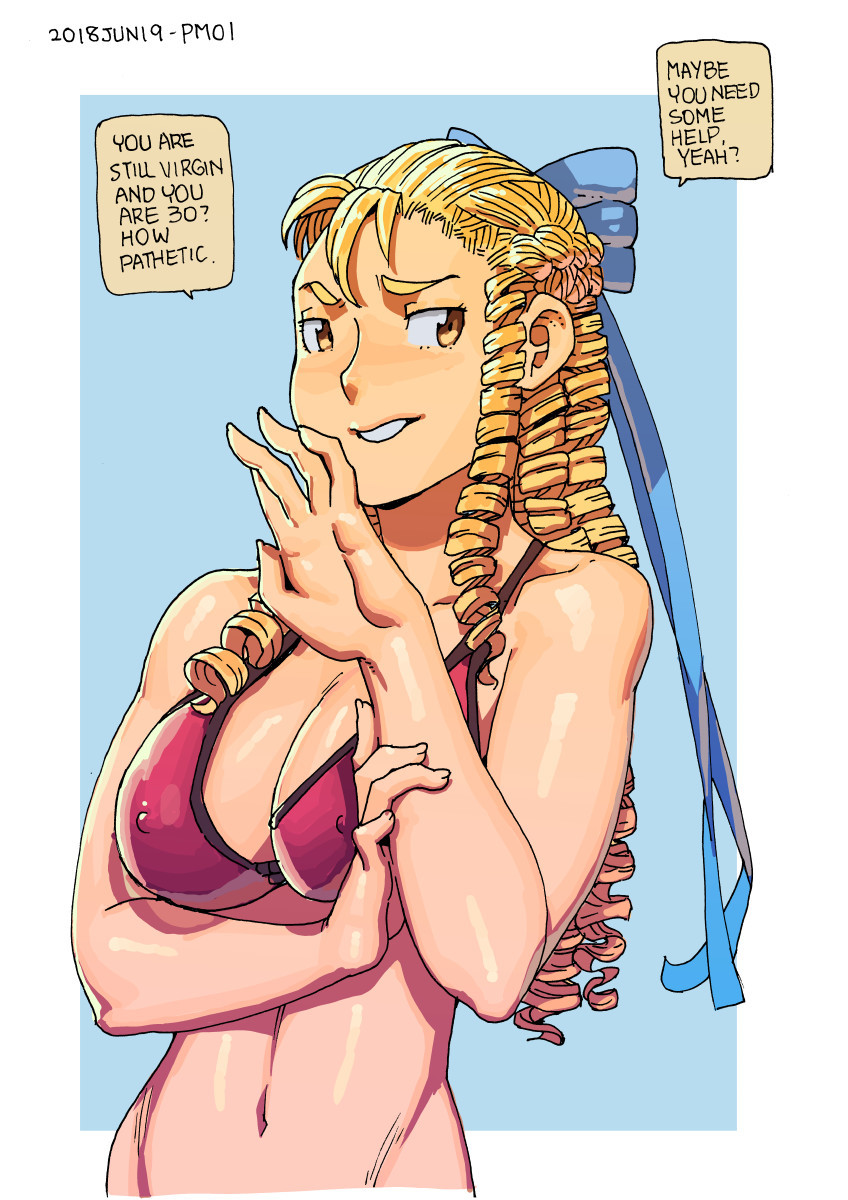 1girls 2018 alternate_breast_size arm_under_breasts asian asian_female big_breasts bikini blonde_hair blue_ribbon breasts capcom collarbone covered_erect_nipples drill_hair english_text female female_focus hair_ribbon highres karin_kanzuki large_breasts long_hair looking_at_viewer magi mocking navel ojou-sama_pose parted_lips pink_bikini ribbon smug solo speech_bubble street_fighter street_fighter_alpha_3 swimsuit upper_body yellow_eyes