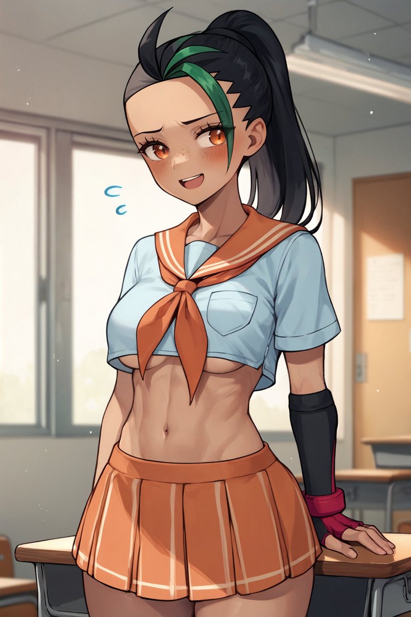 1girls ai_generated aimoonshine arms_at_sides black_hair blush classroom cowboy_shot crop_top dark-skinned_female desk embarrassed female female_only flying_sweatdrops freckles front_view groin_tendon hand_on_table human indoors looking_to_the_side lowleg medium_breasts microskirt midriff miniskirt neckerchief nemona_(pokemon) open_mouth orange_eyes orange_skirt pokemon pokemon_sv ponytail school_uniform serafuku single_glove skirt smile solo standing tan thick_thighs toned underboob