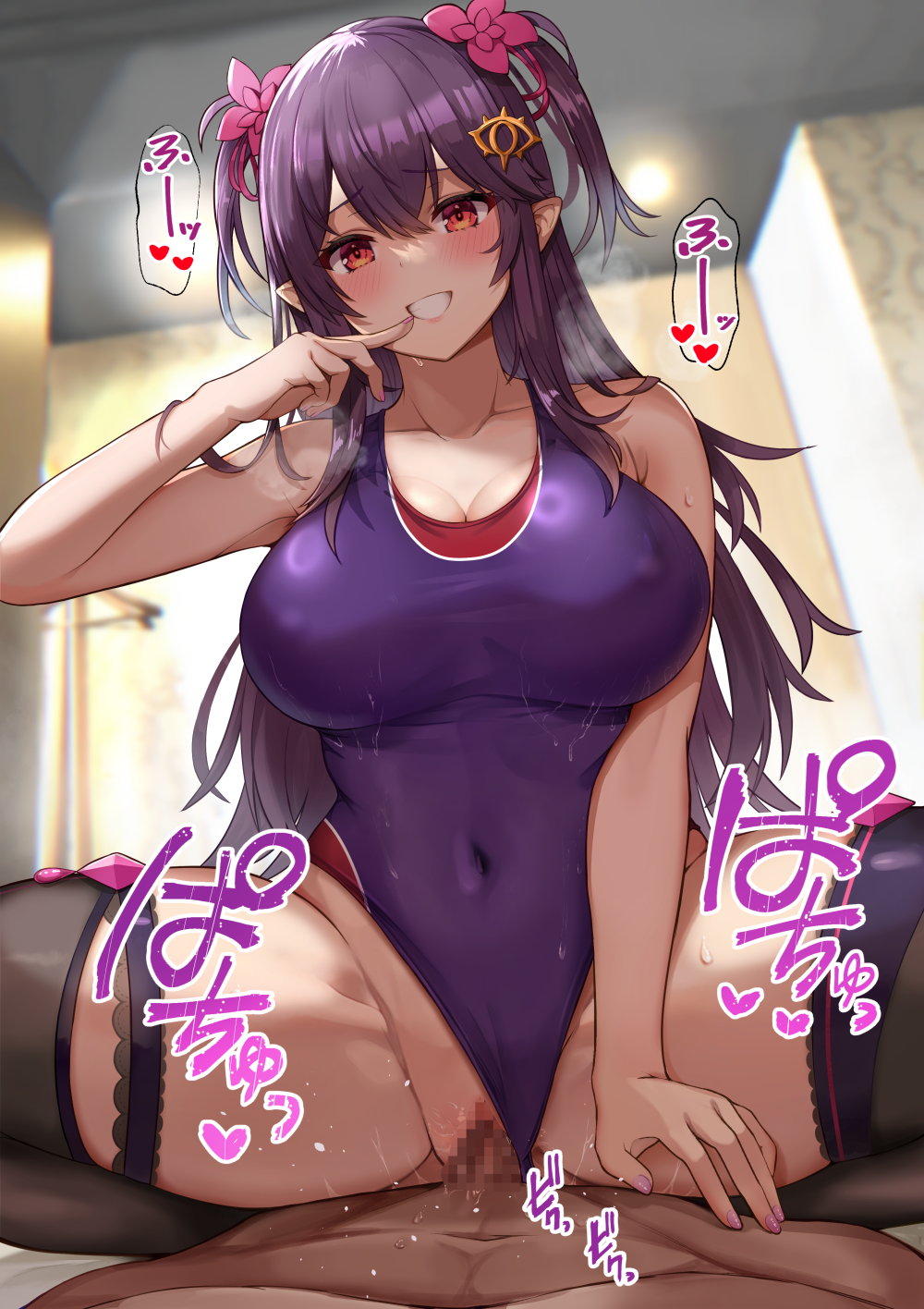 1boy bare_arms bare_shoulders black_thighhighs blush breasts censored cleavage clothing_aside competition_swimsuit covered_navel cowgirl_position cowgirl_position female hair_ornament hand_up highres kihou_no_gotoku_dmc large_breasts long_hair looking_at_viewer mosaic_censoring one-piece_swimsuit original pointy_ears purple_hair purple_one-piece_swimsuit red_eyes sex smile solo_focus spread_legs straddling swimsuit swimsuit_aside thighhighs thighs two_side_up vaginal_penetration