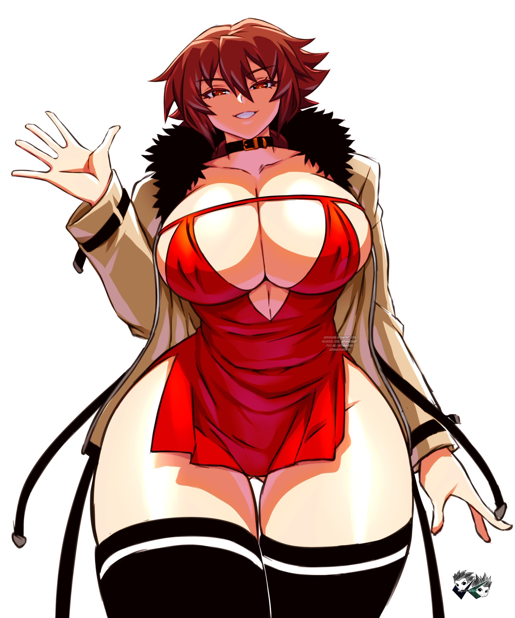 1girls, bare thighs, big breasts, blush, breasts, brown eyes, brown hair, clothed, clothing, color, dress, female, female focus, female only, hi res, jadenkaiba, large breasts, light skin, light-skinned female, long hair, looking at viewer, no bra, school fight, solo, solo female, stockings, tagme, thick thighs, yui rakkuza