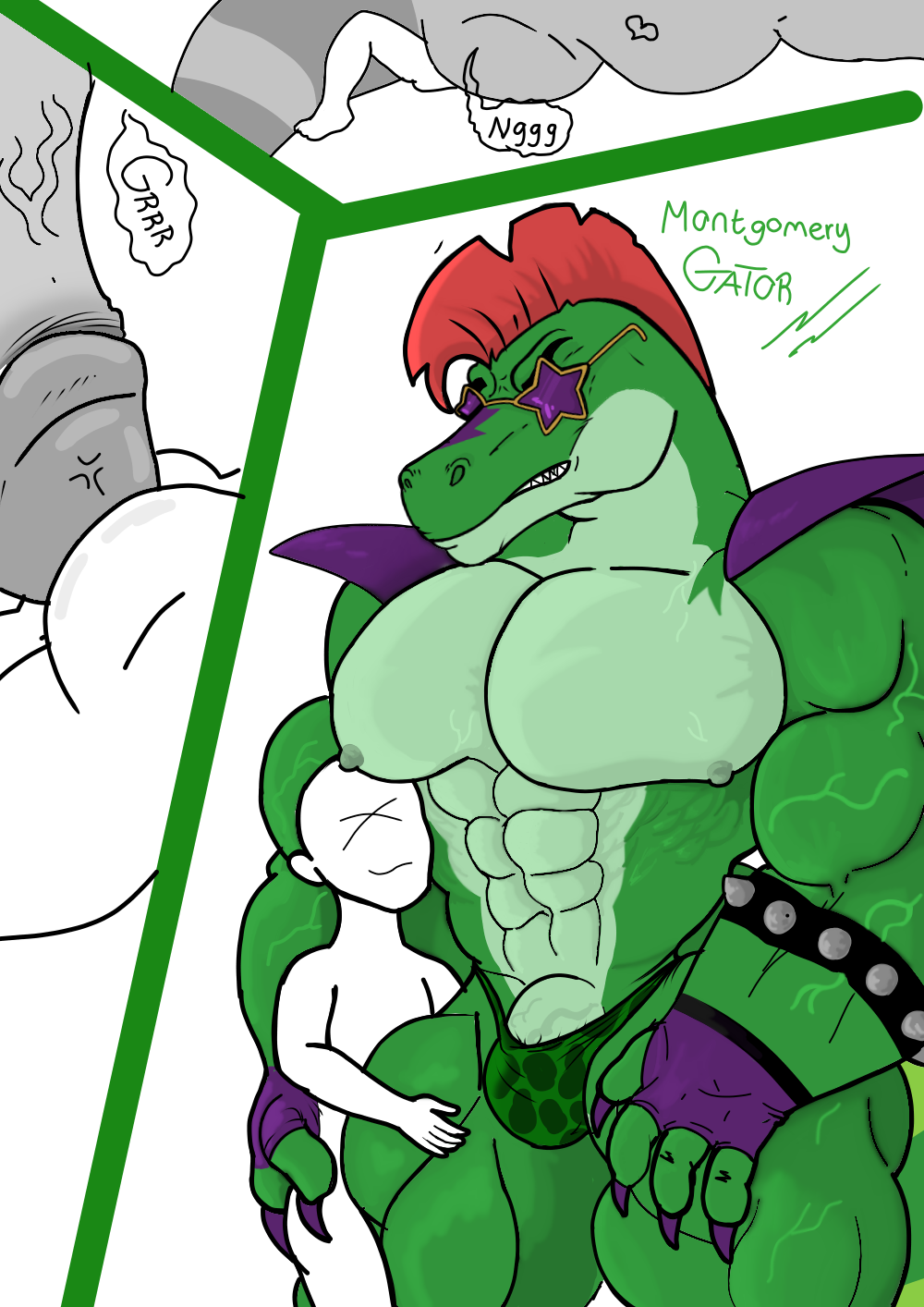 alligator alligatorid anthro big_dom_small_sub big_penis bulge clothing crocodilian dominant duo erection eyewear five_nights_at_freddy's five_nights_at_freddy's:_security_breach genitals glasses hi_res human humanoid kogo larger_male male male/male mammal montgomery_gator montgomery_gator_(fnaf) muscular muscular_male penis reptile scalie scottgames size_difference steel_wool_studios underwear