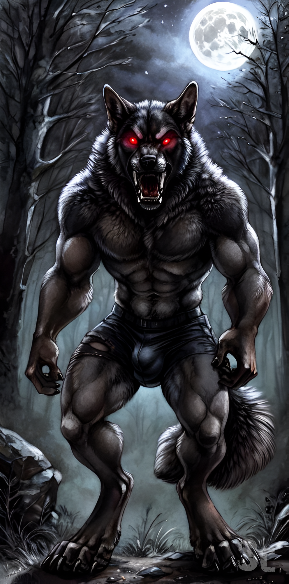 abs ai_generated angry anthro autumn bared_teeth biceps black_nose bottomwear bulge canid canine claws clothed clothing digital_media_(artwork) digitigrade easyfluffv11.2_(model) fangs fluffy fluffy_tail fog forest front_view full-length_portrait full_moon glowing glowing_eyes growling hi_res imposing light looking_at_viewer male mammal manly moon moonlight muscular muscular_male navel neck_tuft night open_mouth outside plant portrait quads red_eyes rock scoutr shadow sharp_teeth shirtless shorts sky snarling solo standing teeth tight_clothing toe_claws topless topless_male torn_clothing tree tuft watermark were werecanid werecanine werewolf whisker_spots