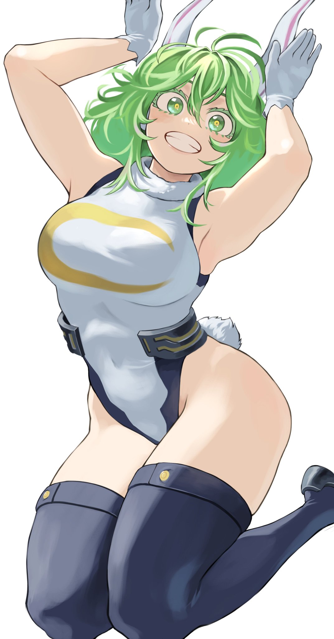 big_breasts bunny_ears clothes_swap cosplay costume furin0241 green_hair grin hero hero_outfit_(mha) heroine miruko_(cosplay) my_hero_academia tooru_hagakure tooru_hagakure_(visible)