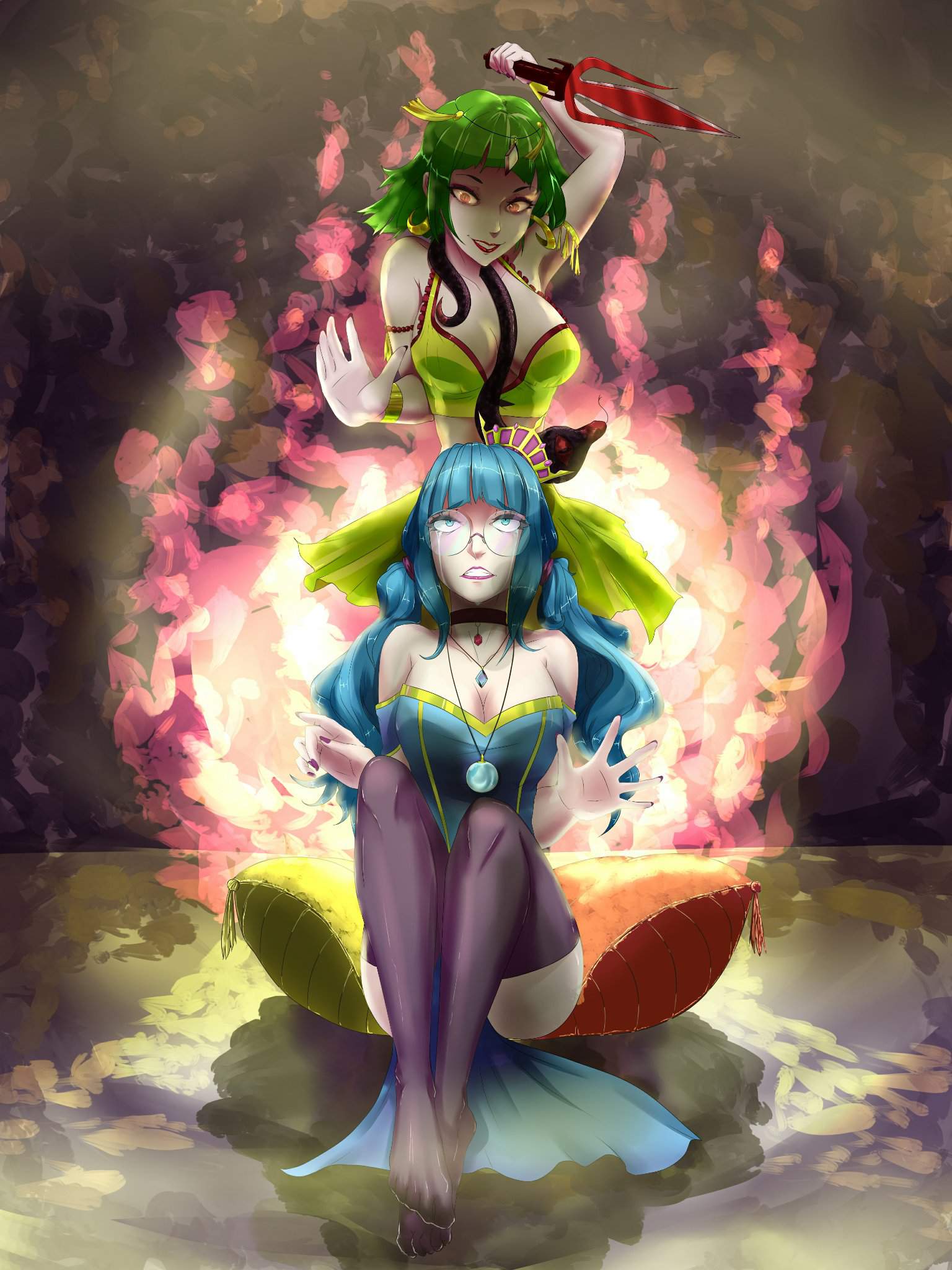 2girls a.trigger aqua_eyes aqua_hair bare_shoulders barefoot big_breasts blue_hair blue_loincloth blunt_bangs blurry burning choker cleavage collarbone crown crying crying_with_eyes_open earrings effects eyelashes eyes_up eyeshadow female female_only fire full_body ganesha_(vocaloid) gem gold_earrings gold_jewelry golden_earrings green_hair grin gumi hand_up hatsune_miku hoop_earrings jewelry jewels knife lipstick loincloth looking_up low_twintails makeup masa_works_design medium_hair miniskirt multiple_girls mv_character orange_eyes palms pelvic_curtain pink_lipstick pleated_skirt purple_nail_polish purple_nails red_lipstick sanpaku shaded sitting_on_pillow skirt smile snake snake_eyes suggestive teeth thighhighs twintails vocaloid yellow_loincloth