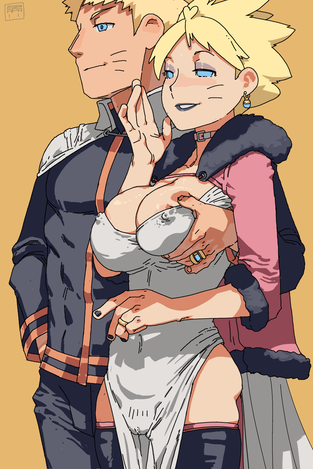 1boy 2023 black_nails blonde_hair blue_eyes boruko boruto:_naruto_next_generations breasts collar collarbone covered_erect_nipples cowboy_shot cucked_by_father dated dress earrings facial_mark father_and_son feet_out_of_frame female genderswap_(mtf) grabbing grabbing_another's_breast half-closed_eyes highres incest jewelry large_breasts long_sleeves looking_to_the_side magi nail_polish naruto naruto_(series) parted_lips pelvic_curtain ring rule_63 short_hair simple_background smile standing teeth thighs uzumaki_boruto uzumaki_naruto uzumakicest wedding_band whisker_markings white_dress yellow_background