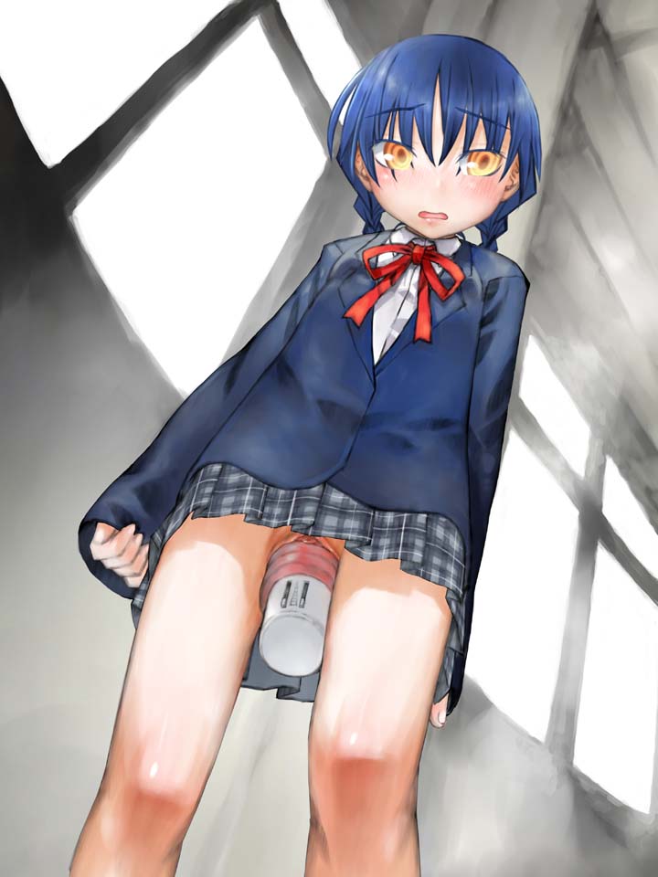 blue_hair blush braid dildo female_masturbation insertion kakashichi large_insertion masturbating masturbation no_panties original pussy school_uniform short_hair solo straight_hair upskirt yellow_eyes