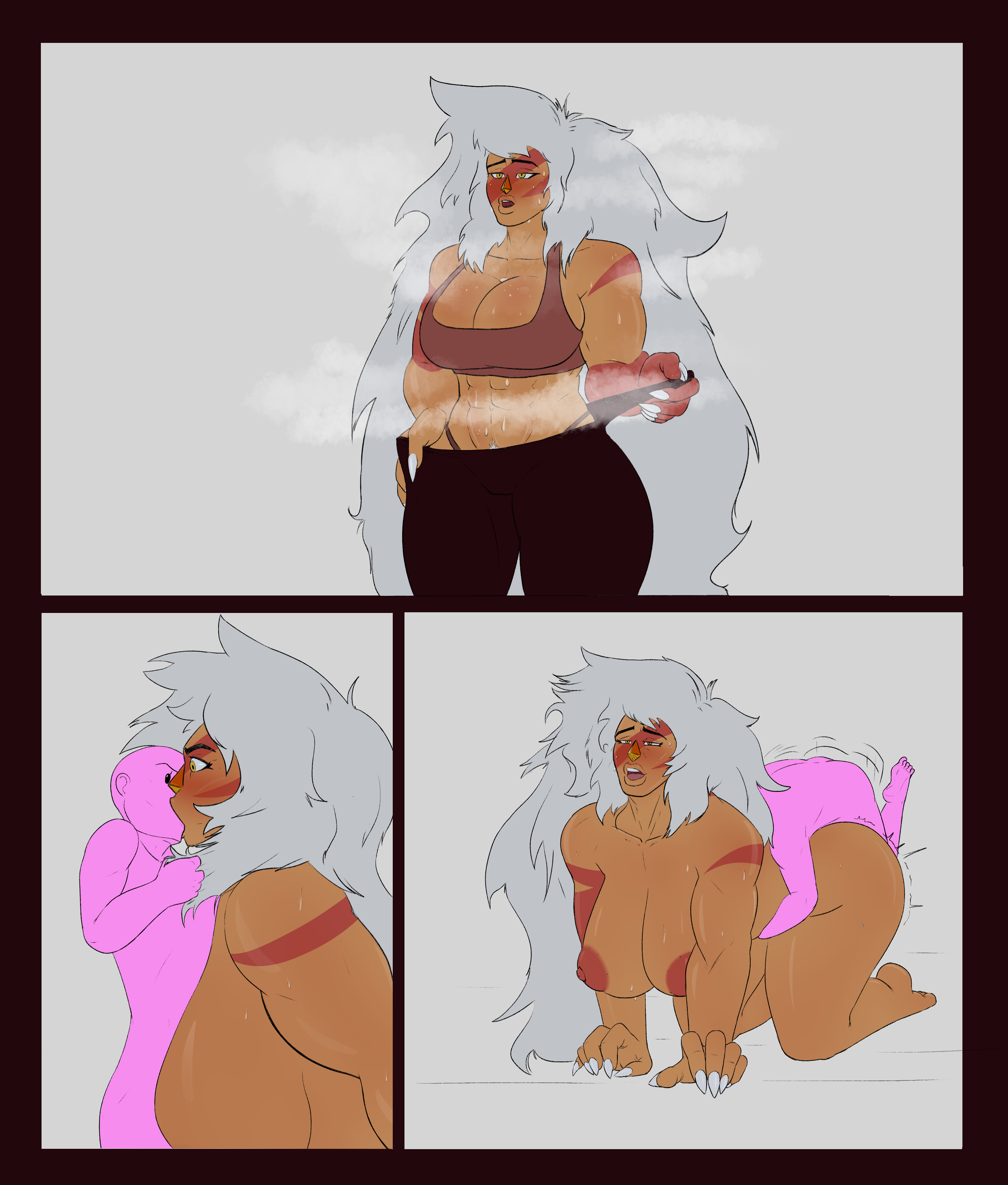 ass, big ass, big breasts, breasts, cartoon network, colored, cross-section, doggy style, edit, female, gem (species), hairy pussy, jasper (steven universe), kissing, leggings, male, muscular, muscular female, nipples, open mouth, orange hair, pussy, shirt, six pack, size difference, small but hung, small dom big sub, smaller male, steven universe, sweat, sweatdrop, thick thighs, voodoomancy, white hair, yellow eyes